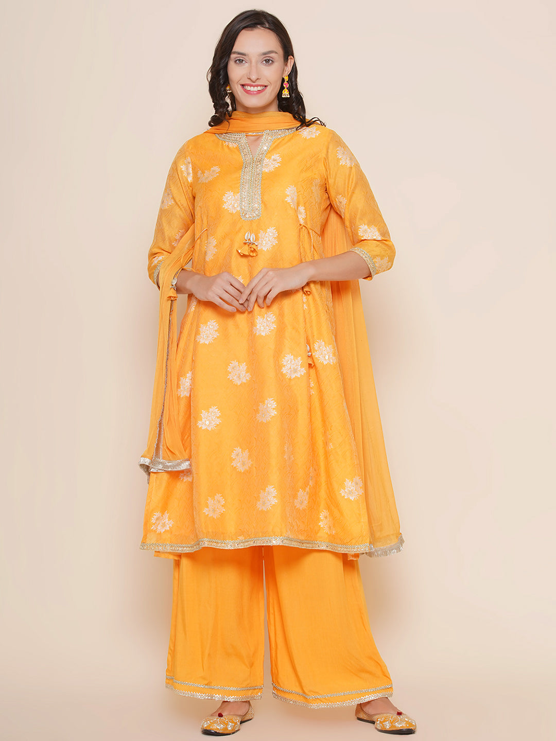 Bhama Couture Mustard Yellow Self Design Booti Lace Detailing A-Line Kurta & Mustard Solid Palazzos With Dupatta