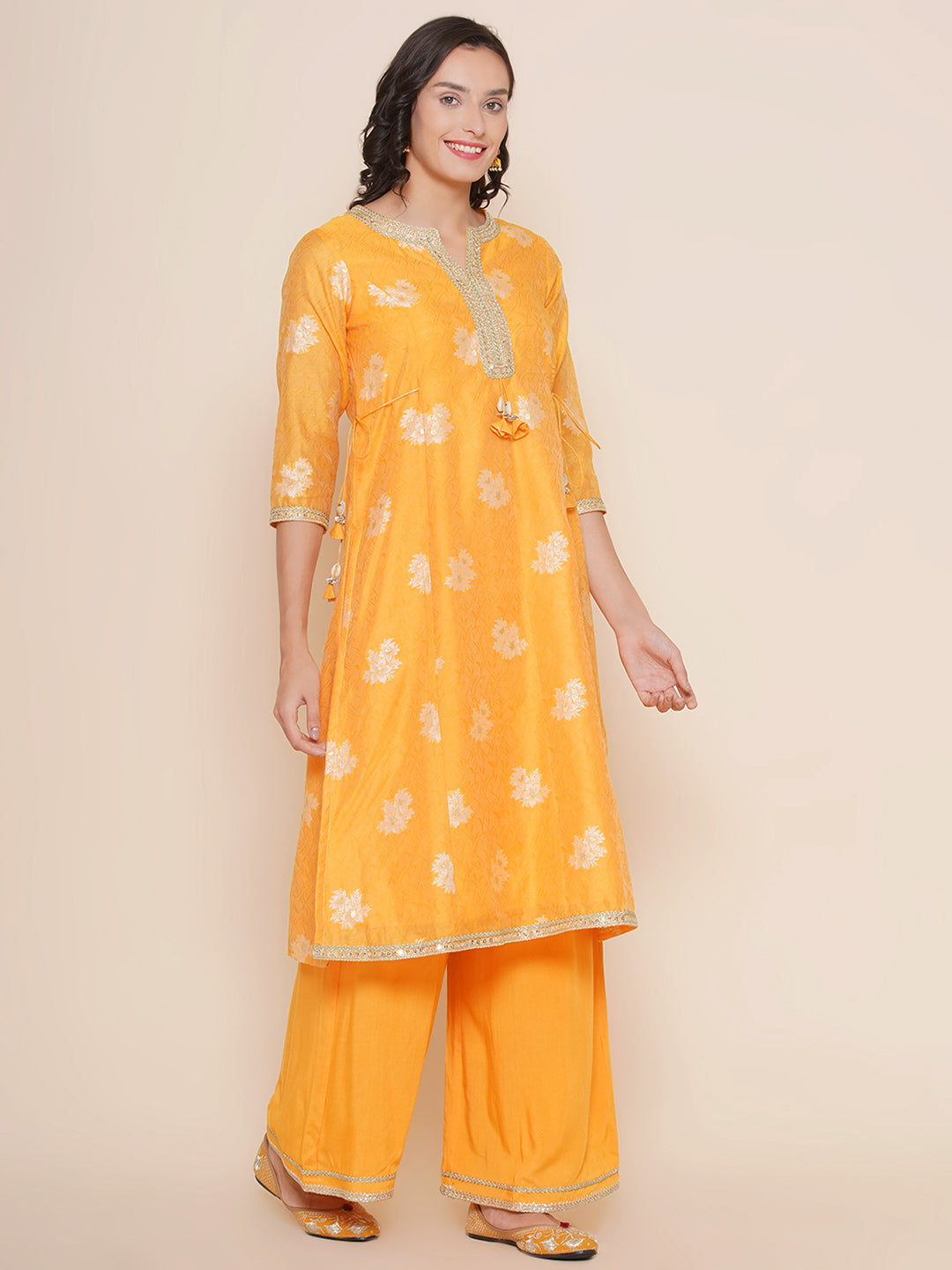 Bhama Couture Mustard Yellow Self Design Booti Lace Detailing A-Line Kurta & Mustard Solid Palazzos With Dupatta