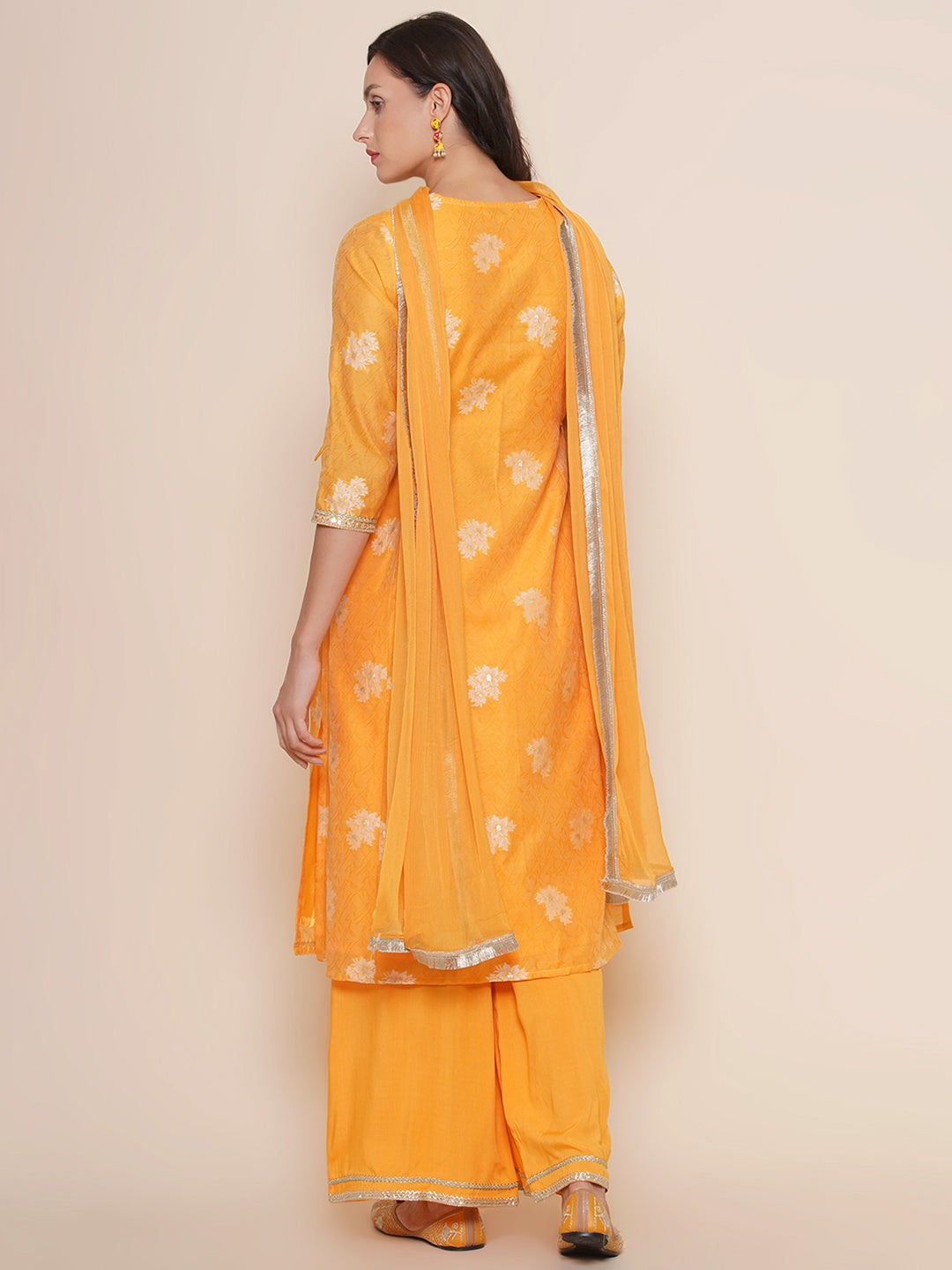 Bhama Couture Mustard Yellow Self Design Booti Lace Detailing A-Line Kurta & Mustard Solid Palazzos With Dupatta