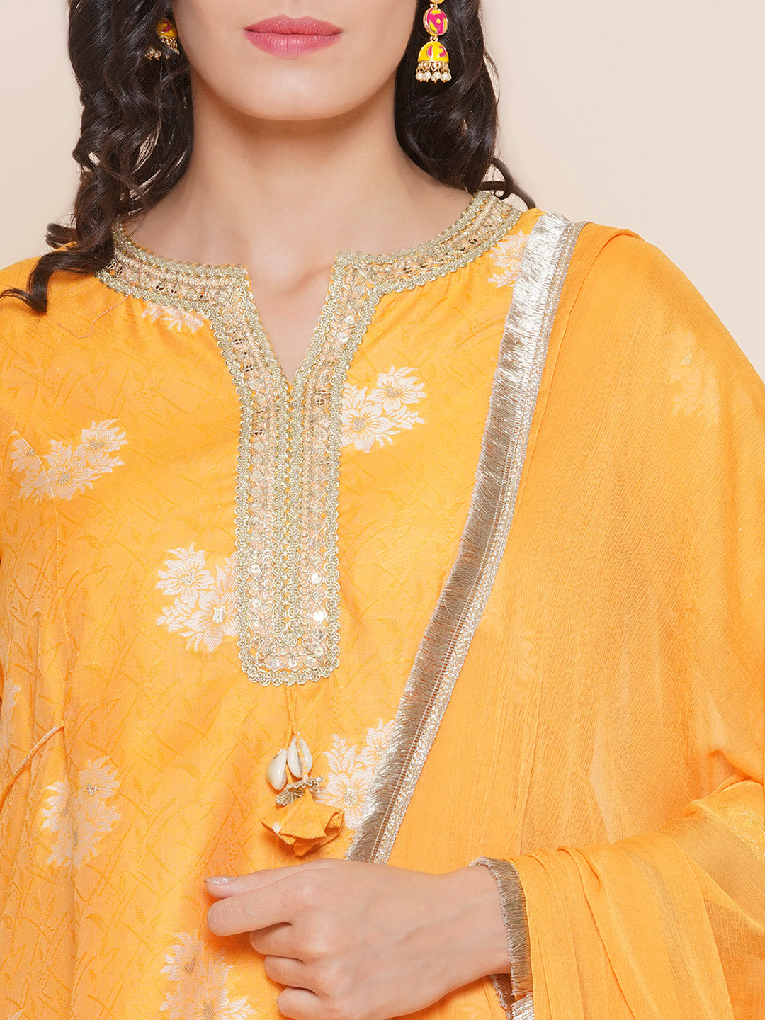 Bhama Couture Mustard Yellow Self Design Booti Lace Detailing A-Line Kurta & Mustard Solid Palazzos With Dupatta