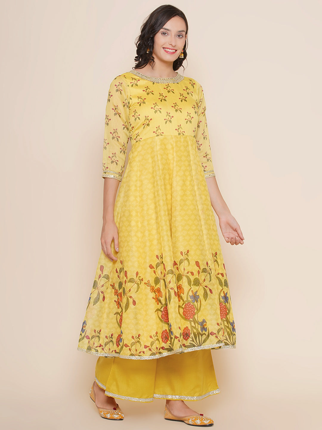 Shop Yellow Floral Print A line Anarkali Kurta Yellow Solid Palazzos with Dupatta Online