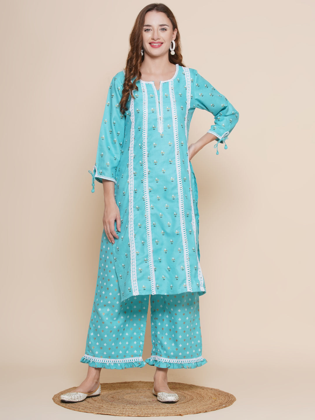 Women Turquoise Blue printed lace work kurta with palazzos