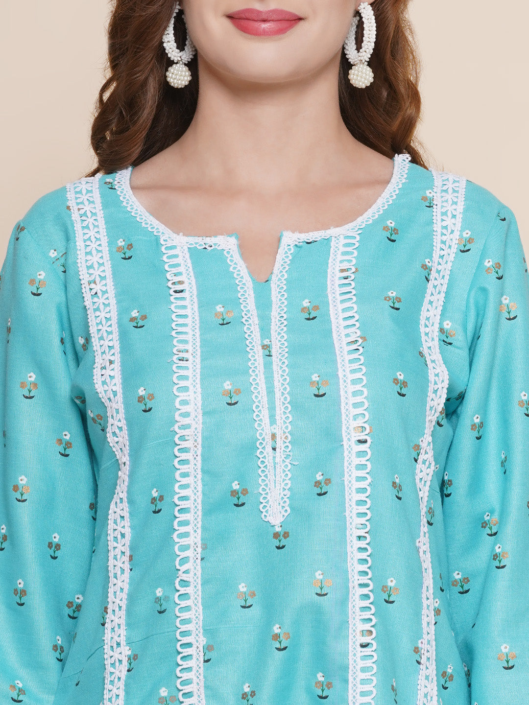 Women Turquoise Blue printed lace work kurta with palazzos