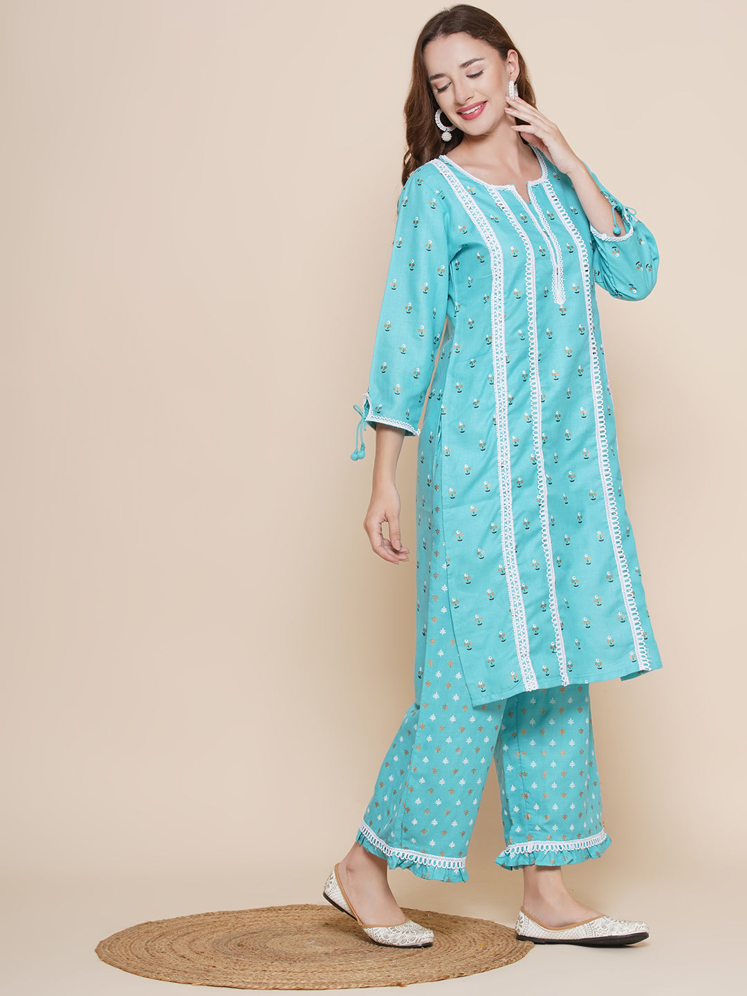 Women Turquoise Blue printed lace work kurta with palazzos