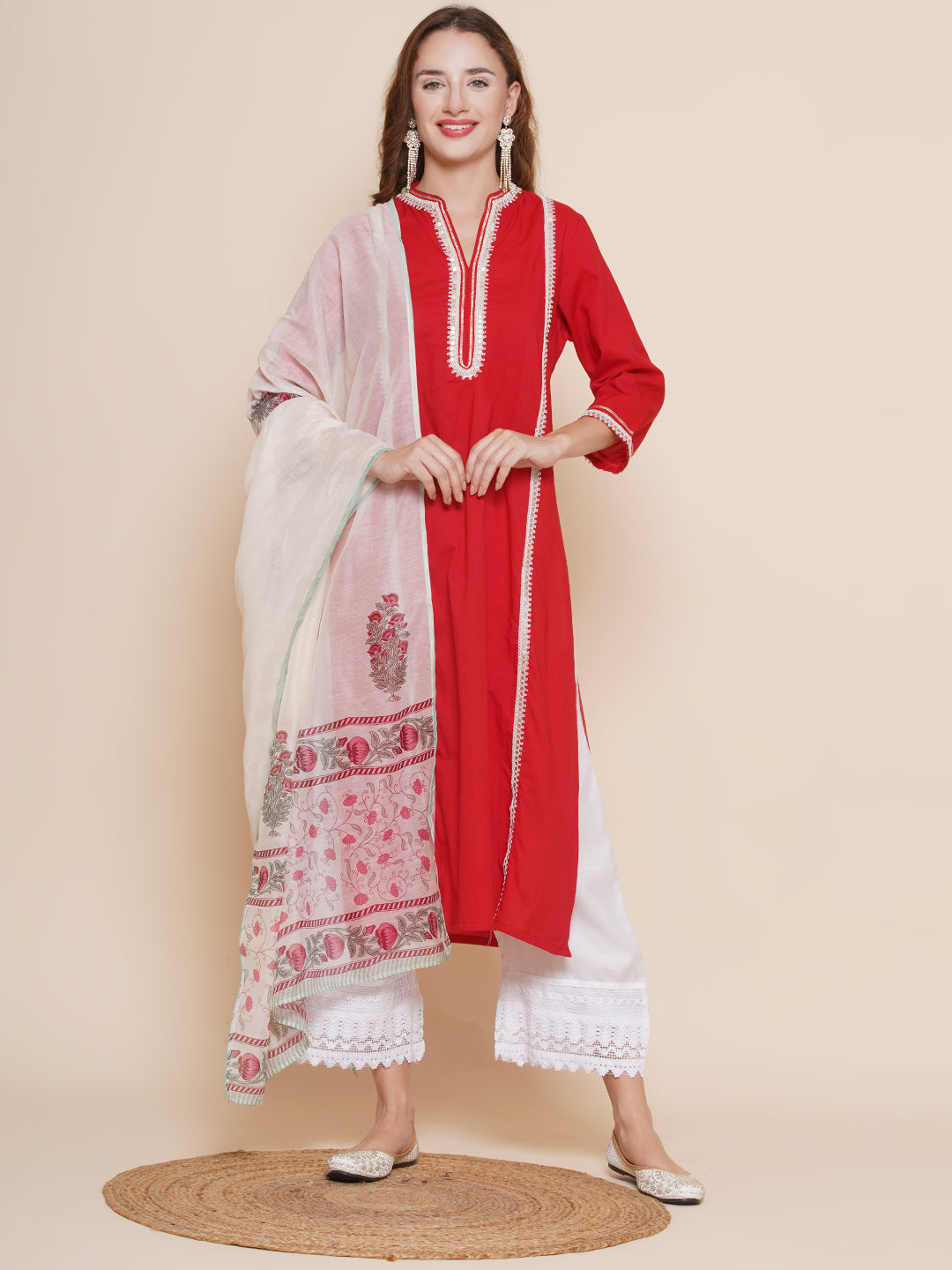 Red Lace Work Kurta with Off white lace work Palazzos & dupatta