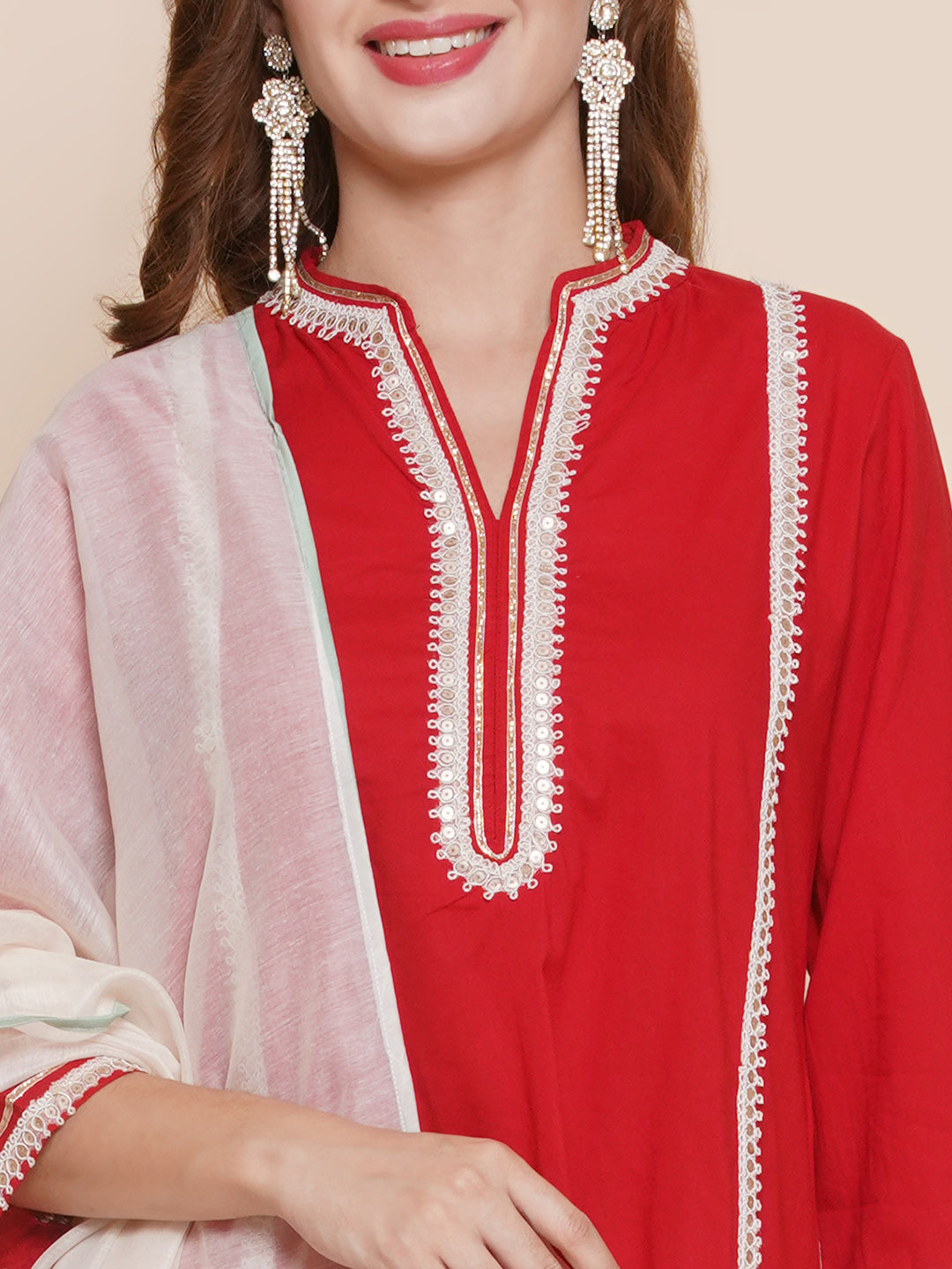 Red Lace Work Kurta with Off white lace work Palazzos & dupatta