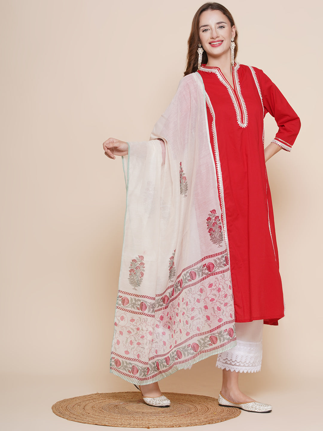 Red Lace Work Kurta with Off white lace work Palazzos & dupatta