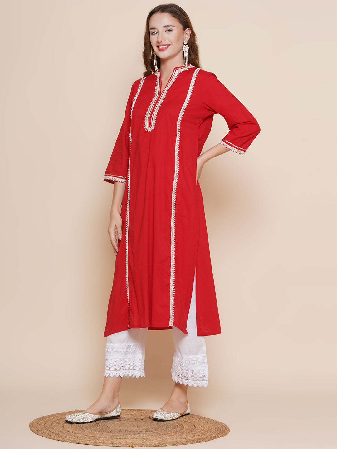 Red Lace Work Kurta with Off white lace work Palazzos & dupatta