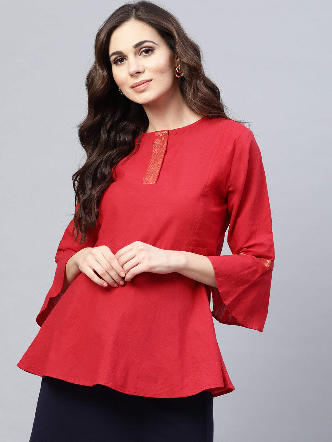 Bhama Couture Women Red Solid Cotton Peplum Top