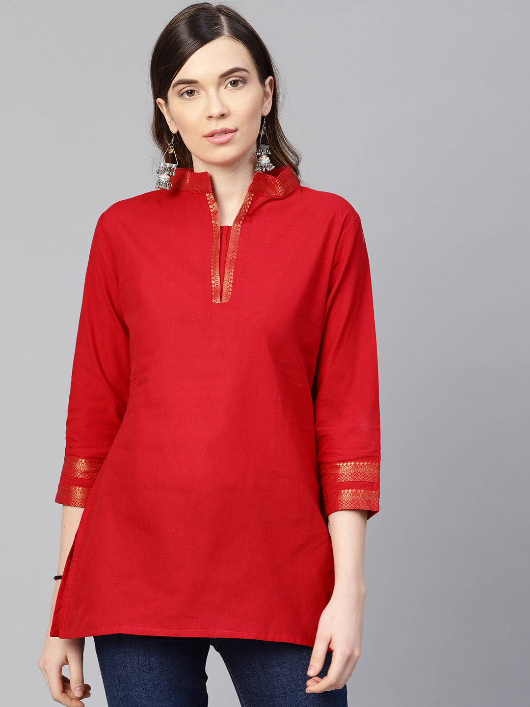 Bhama Couture Red Mangalagiri Cotton Solid Tunics For Womens