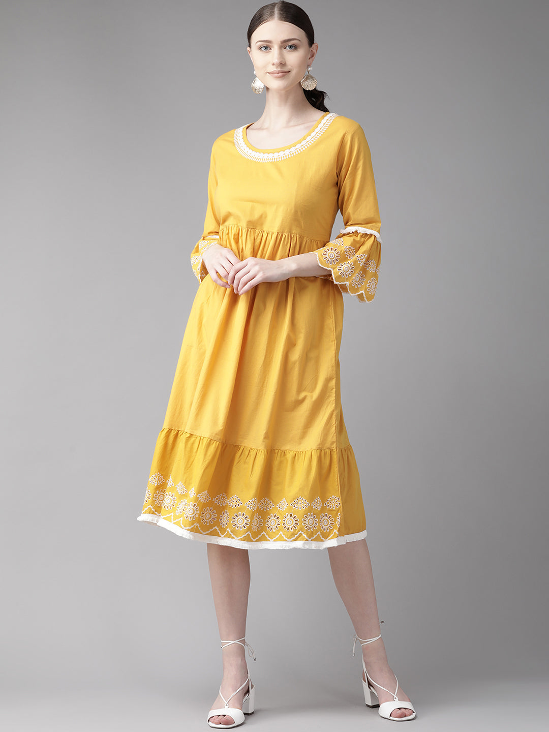 Bhama Couture Mustard Yellow Solid Embroidered Dress