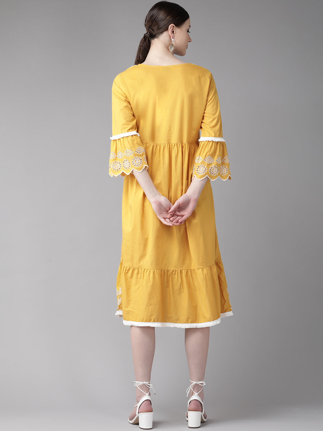 Bhama Couture Mustard Yellow Solid Embroidered Dress