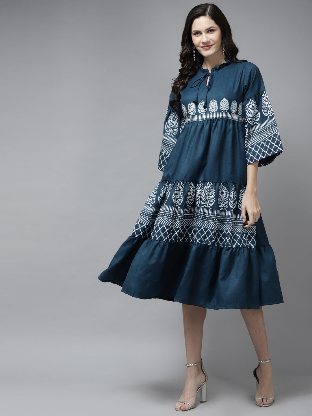 Bhama Couture Blue Printed Dress With Ruffle Detailing