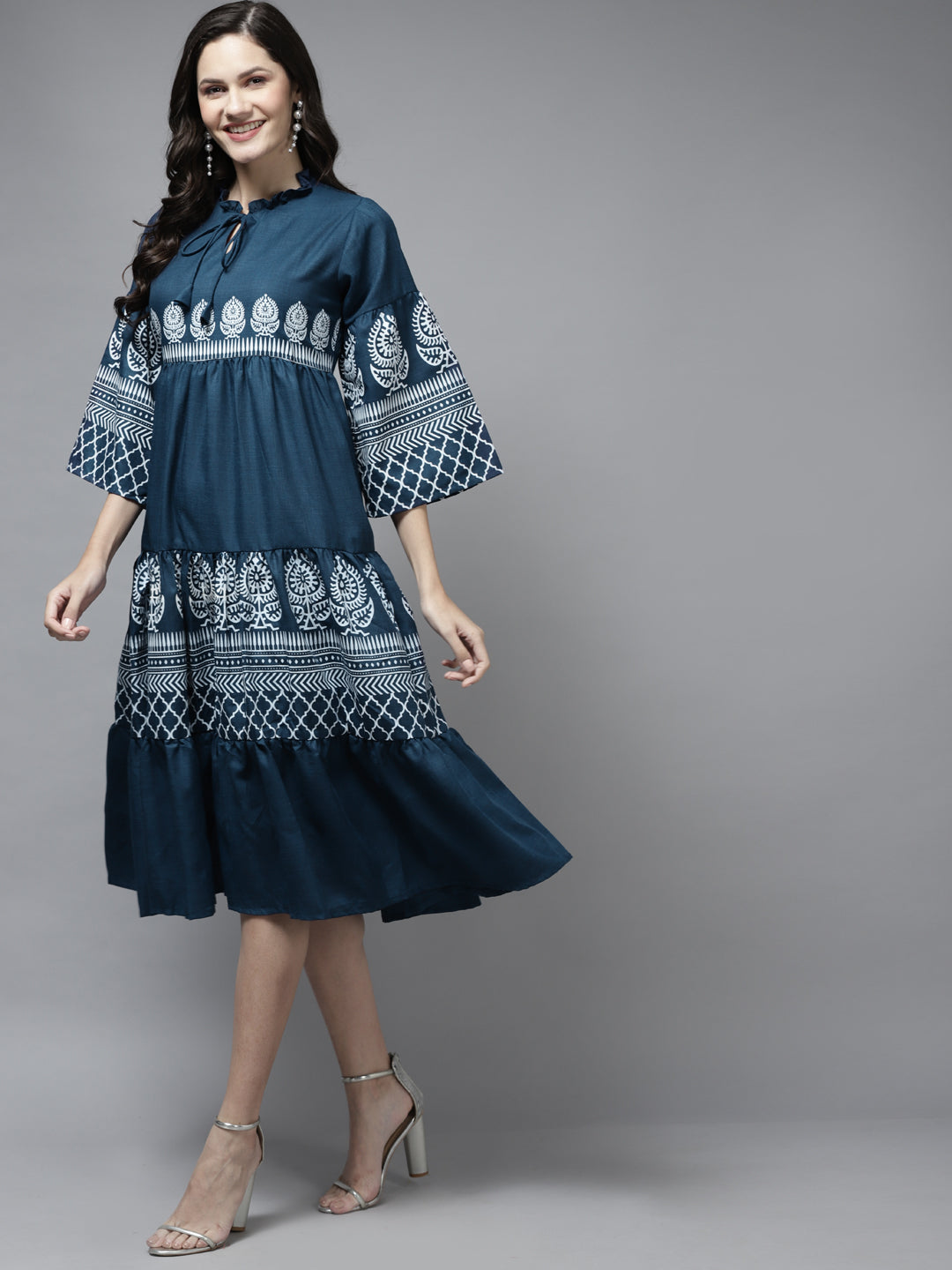 Bhama Couture Blue Printed Dress With Ruffle Detailing