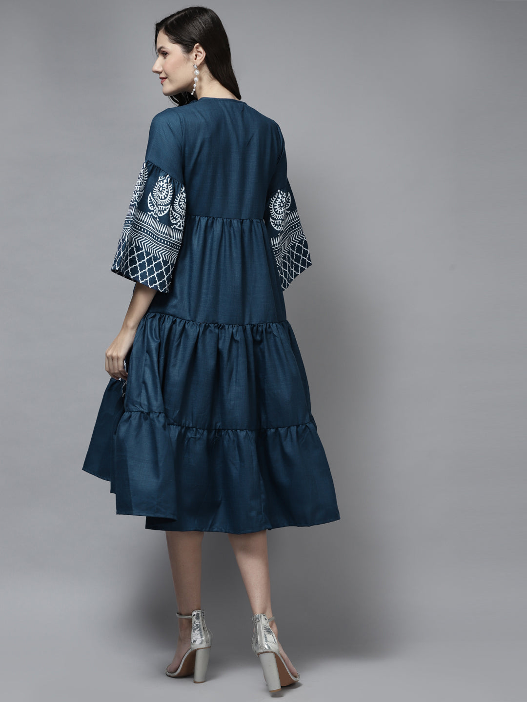 Bhama Couture Blue Printed Dress With Ruffle Detailing