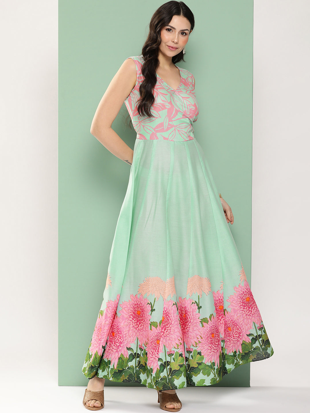 Bhama Couture Turquoise Blue Printed Long Dress With V-Neck