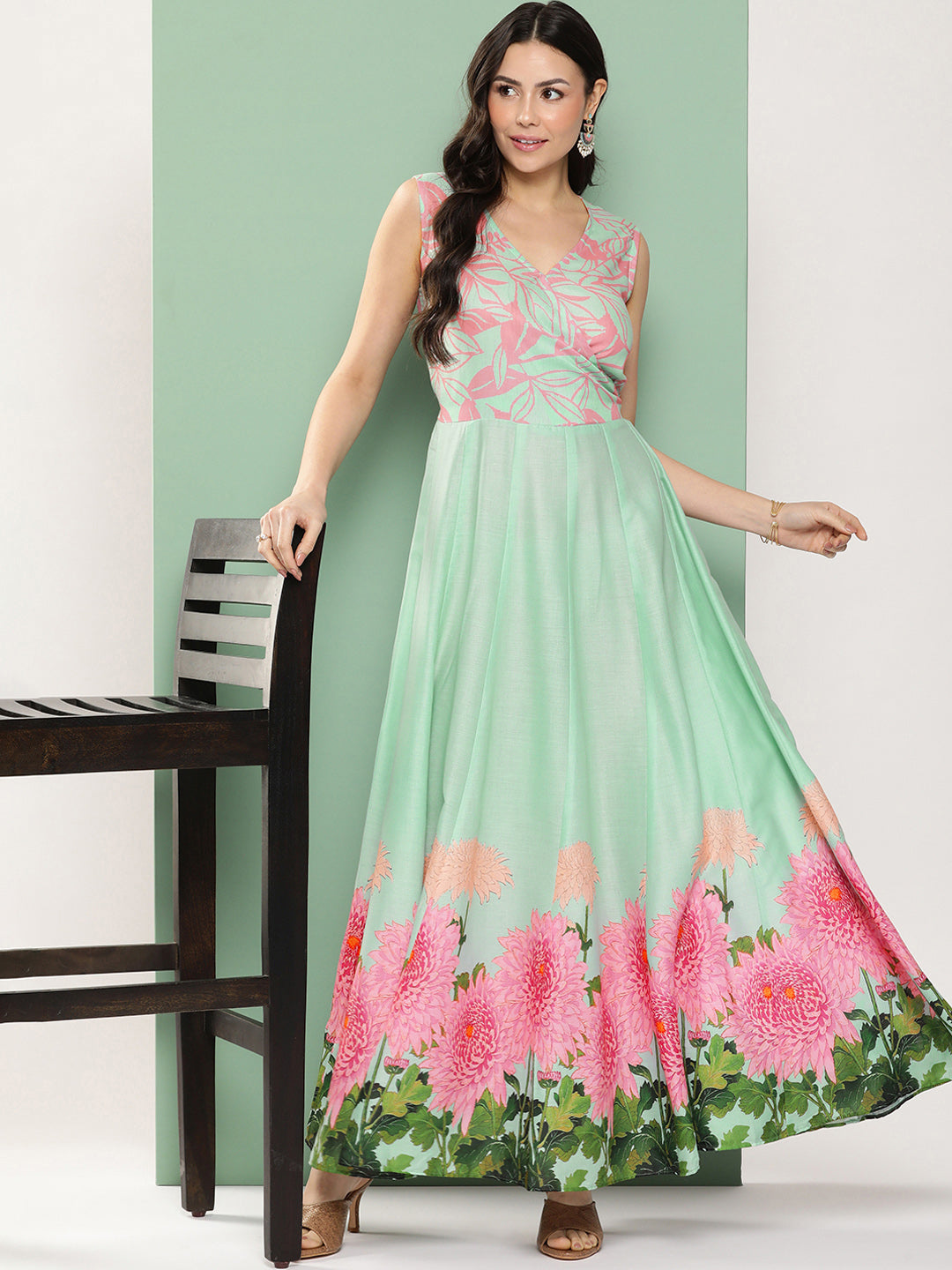 Bhama Couture Turquoise Blue Printed Long Dress With V-Neck