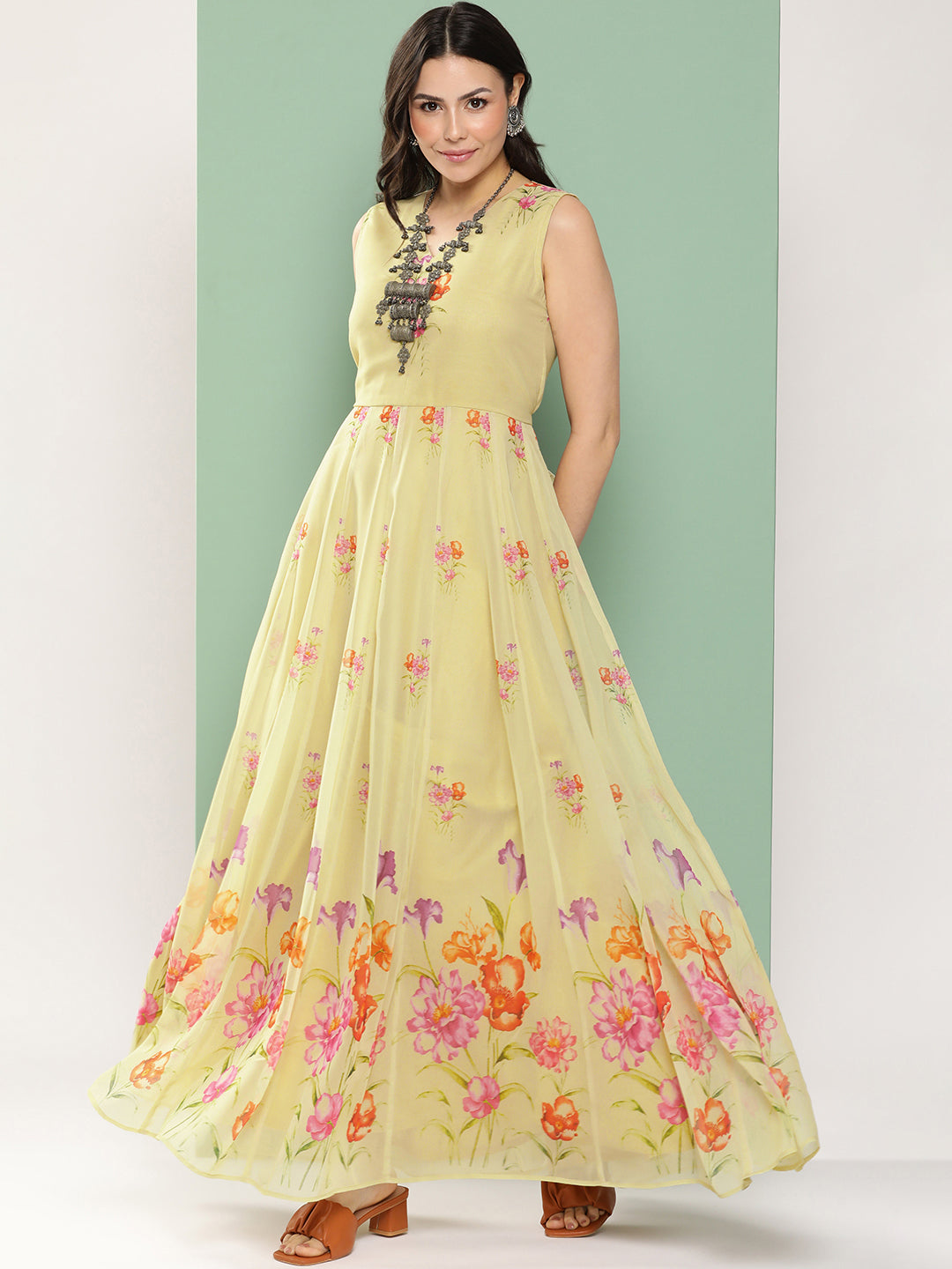 Bhama Couture Yellow Printed Long Dress V-Neck With Lace Details