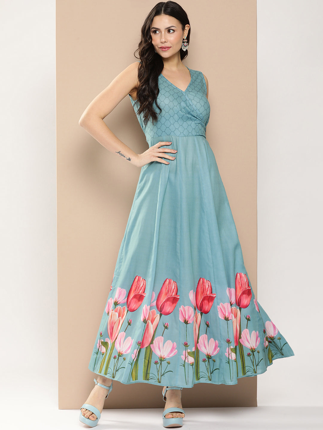 Bhama Couture Turquoise Blue Printed Long Dress With V-Neck