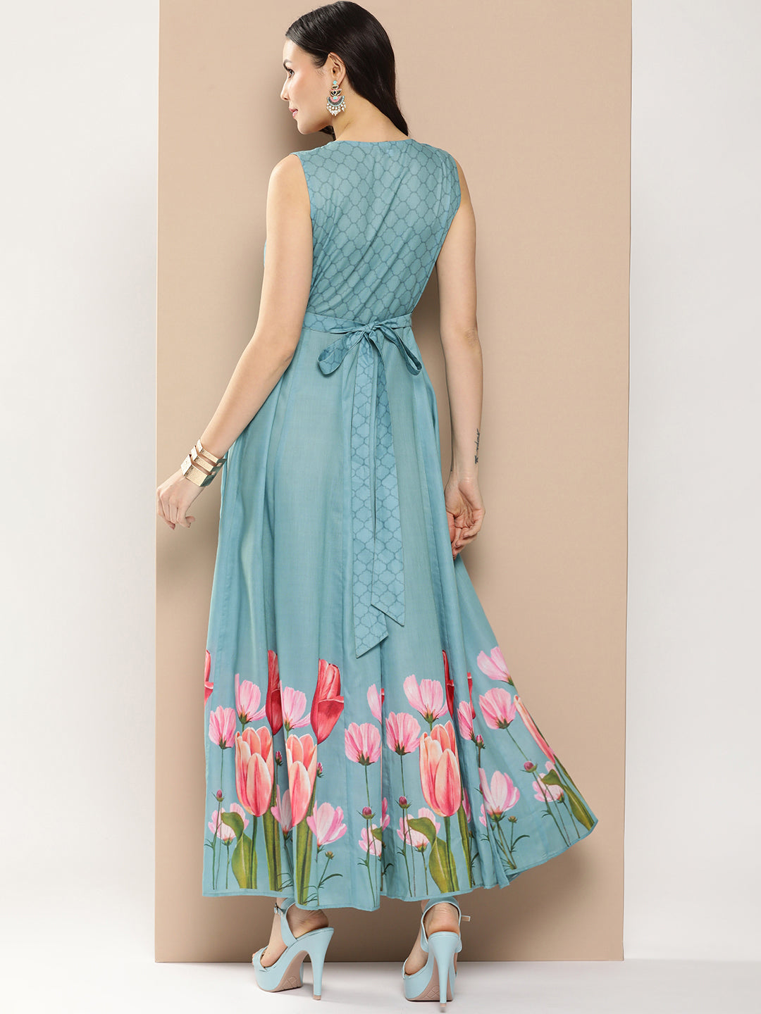 Bhama Couture Turquoise Blue Printed Long Dress With V-Neck