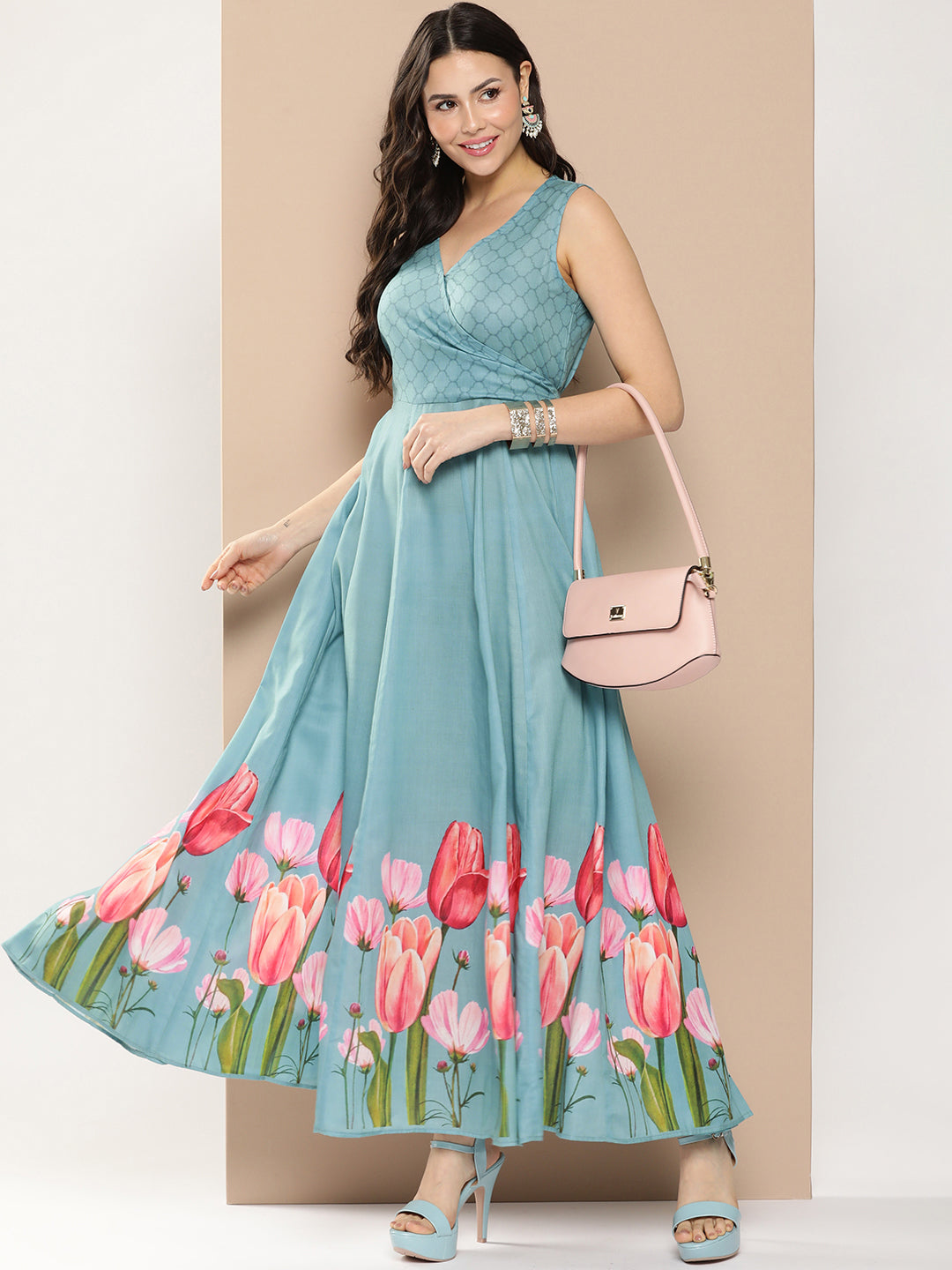 Bhama Couture Turquoise Blue Printed Long Dress With V-Neck