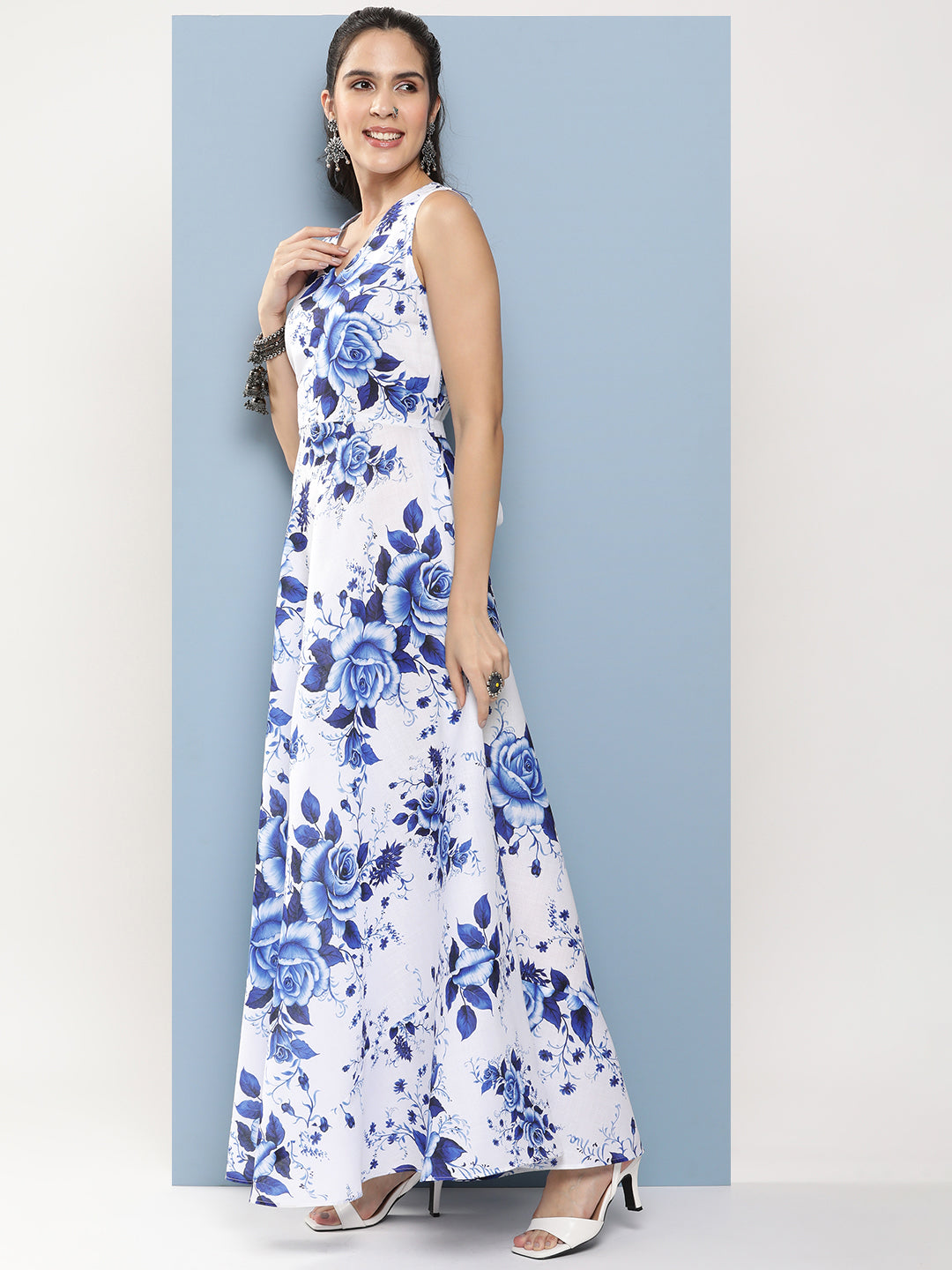 Bhama Couture White & Blue Printed Long Dress With Waist Belt