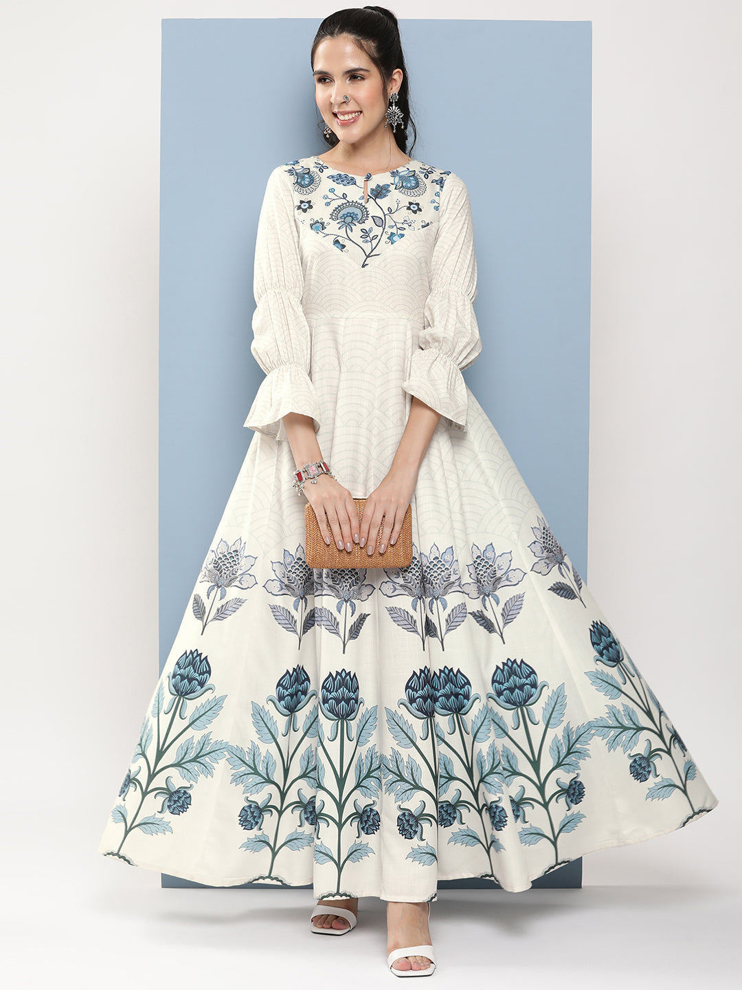 Bhama Couture Off-White & Blue Printed Long Dress With Waist Belt