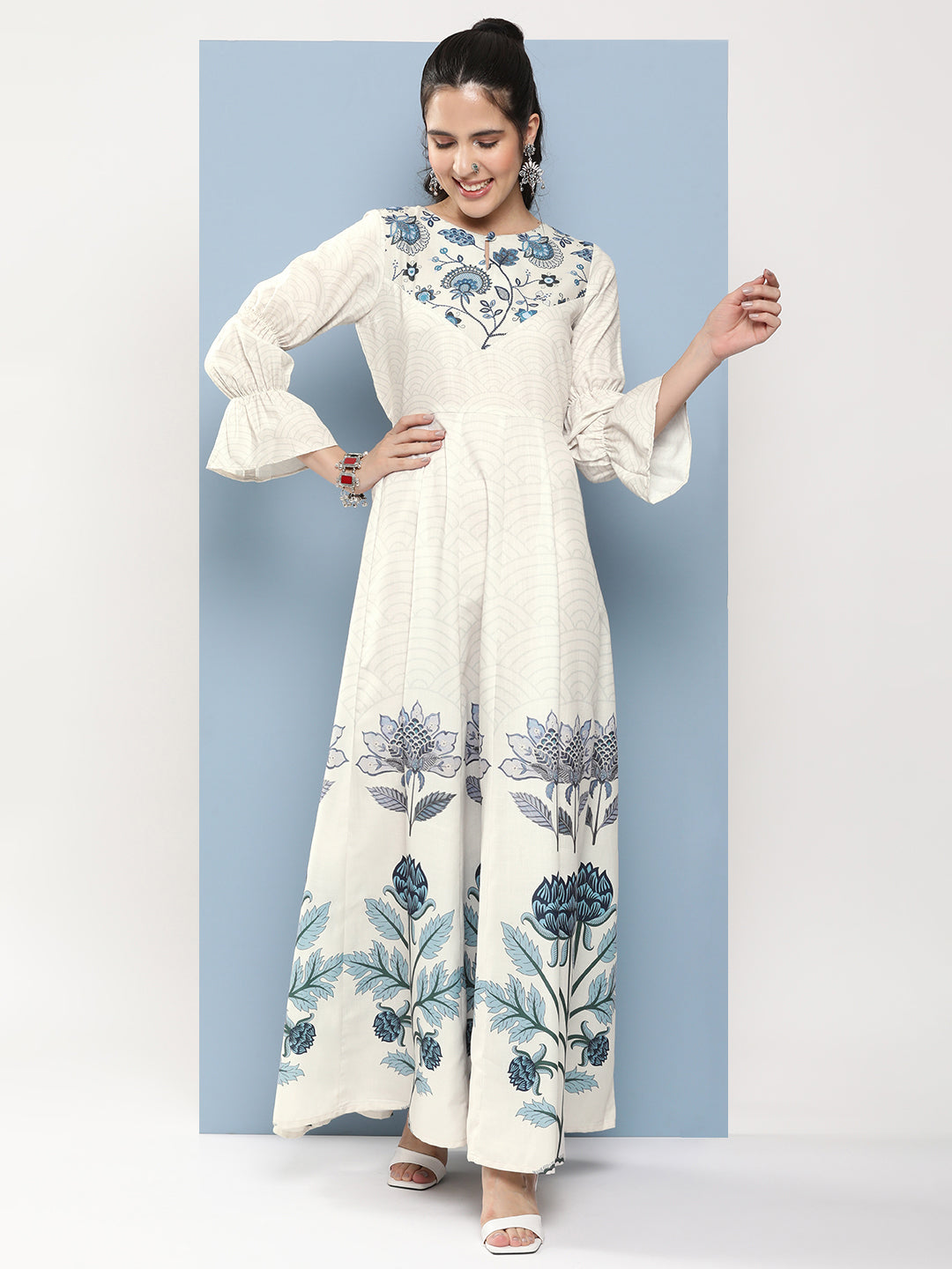 Bhama Couture Off-White & Blue Printed Long Dress With Waist Belt