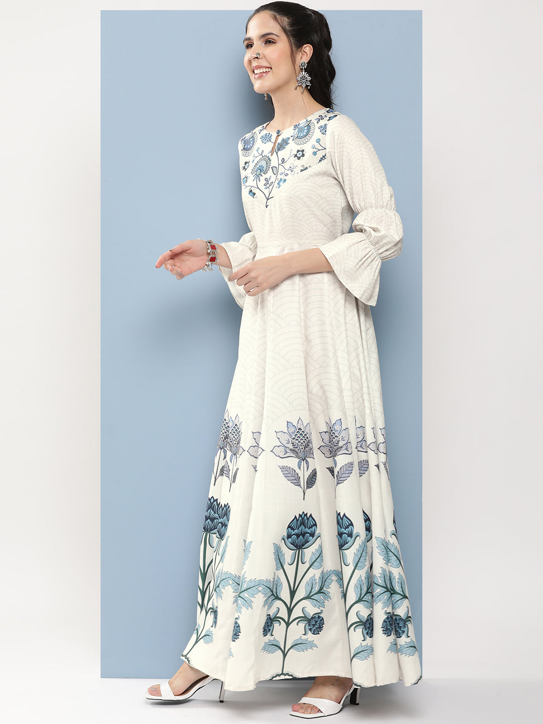 Bhama Couture Off-White & Blue Printed Long Dress With Waist Belt