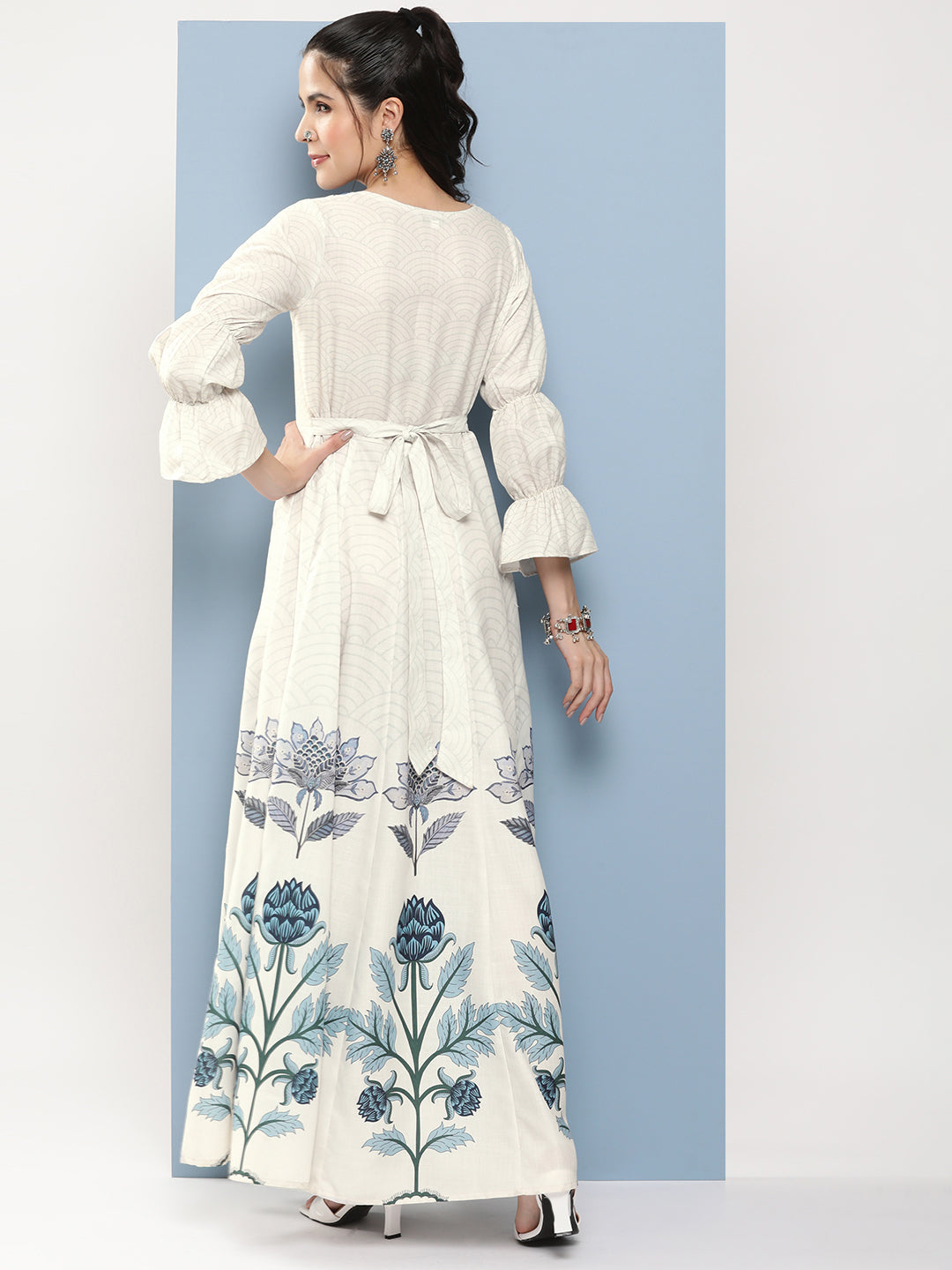 Bhama Couture Off-White & Blue Printed Long Dress With Waist Belt