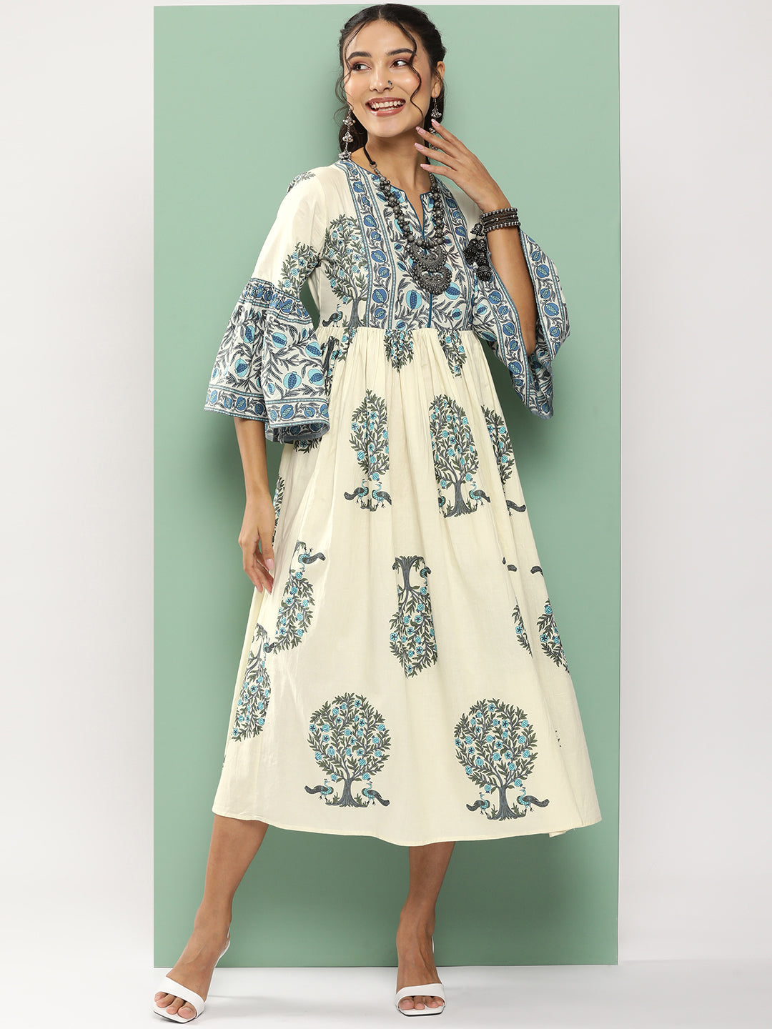 Bhama Couture Off-White Printed Long Dress With Waist Belt