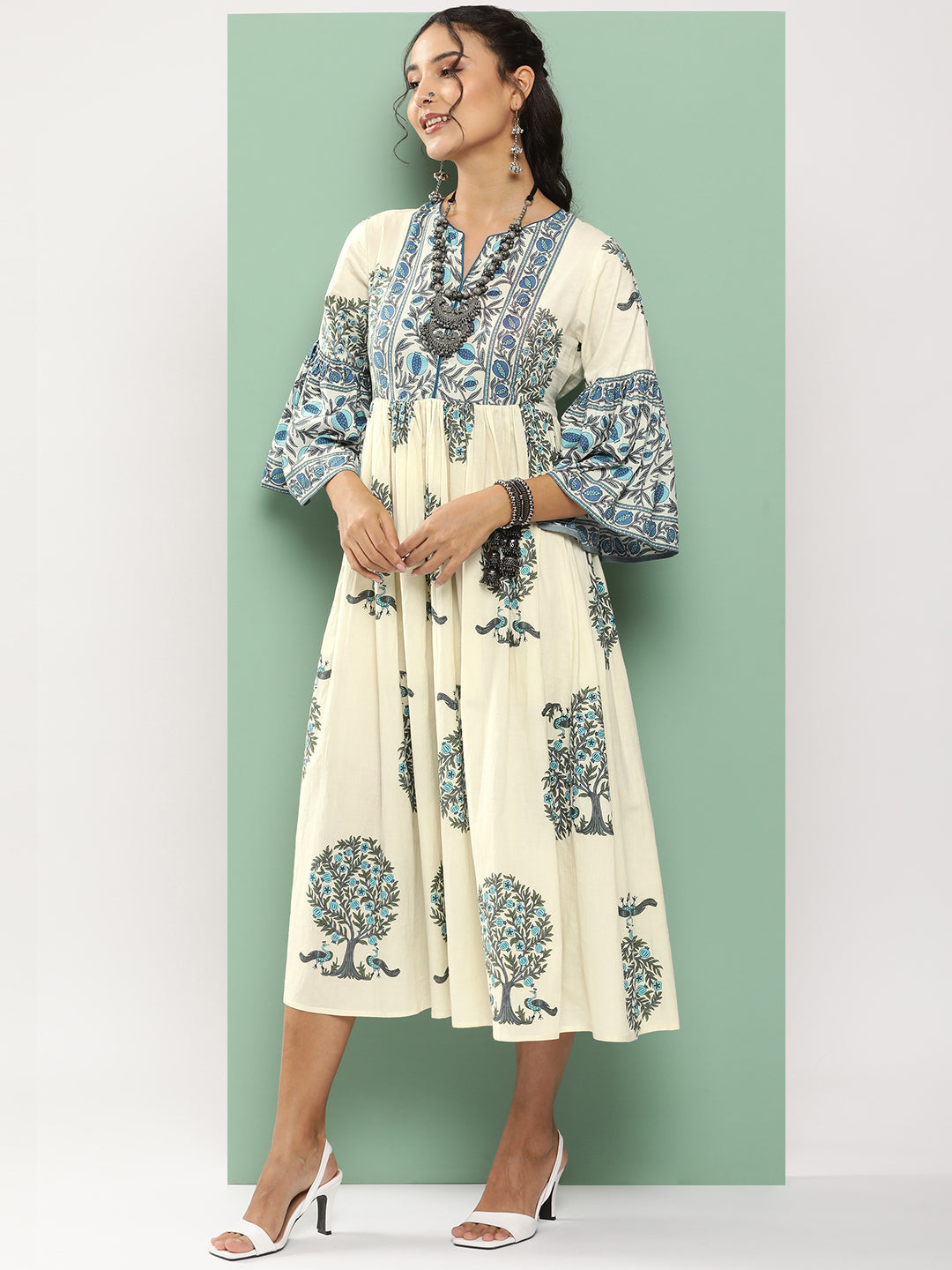Bhama Couture Off-White Printed Long Dress With Waist Belt