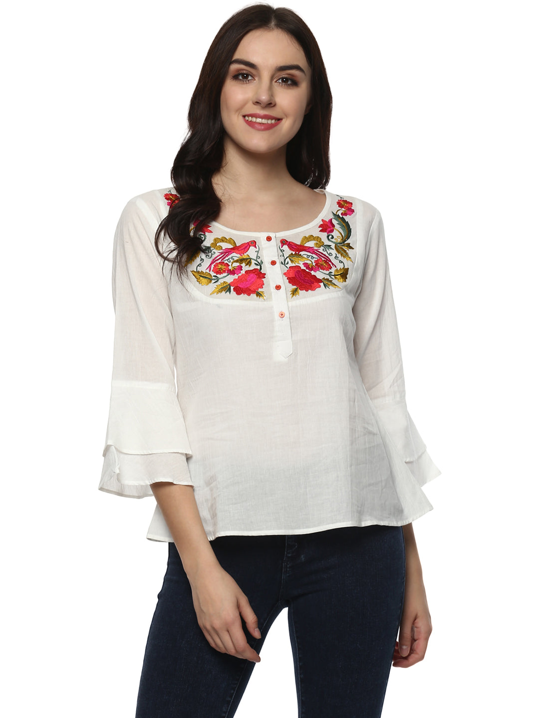 Bhama Couture White  Embroidered A-Line Top