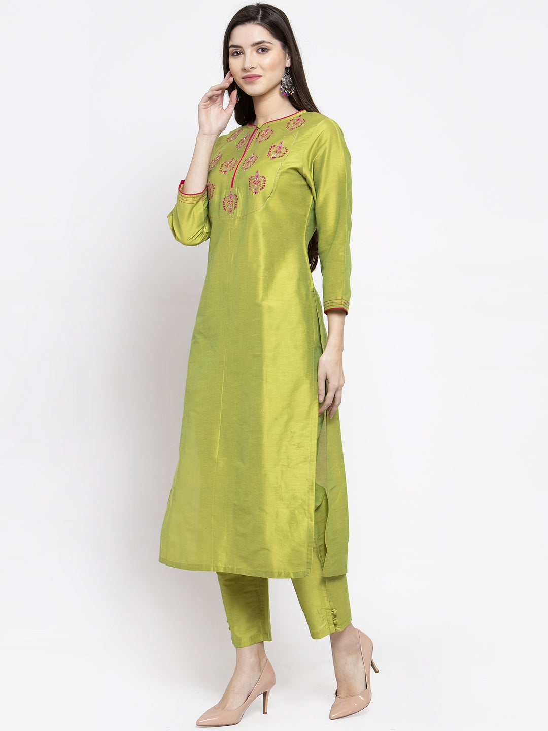 Bhama Couture Lime Green Solid Kurta With Trousers & Dupatta.