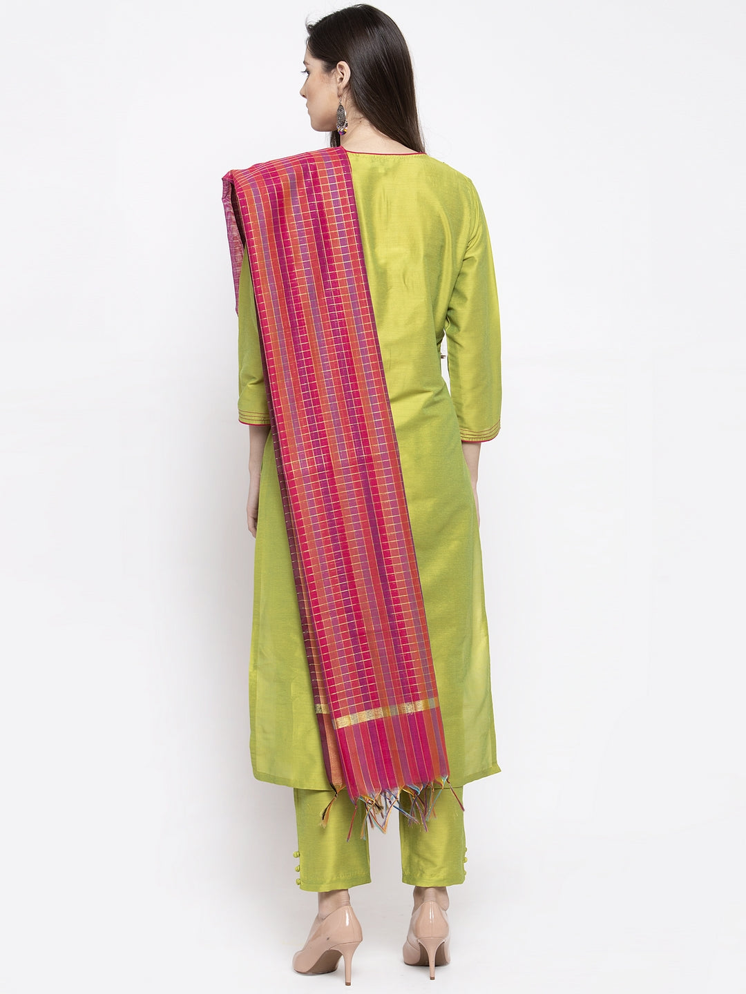 Bhama Couture Lime Green Solid Kurta With Trousers & Dupatta.