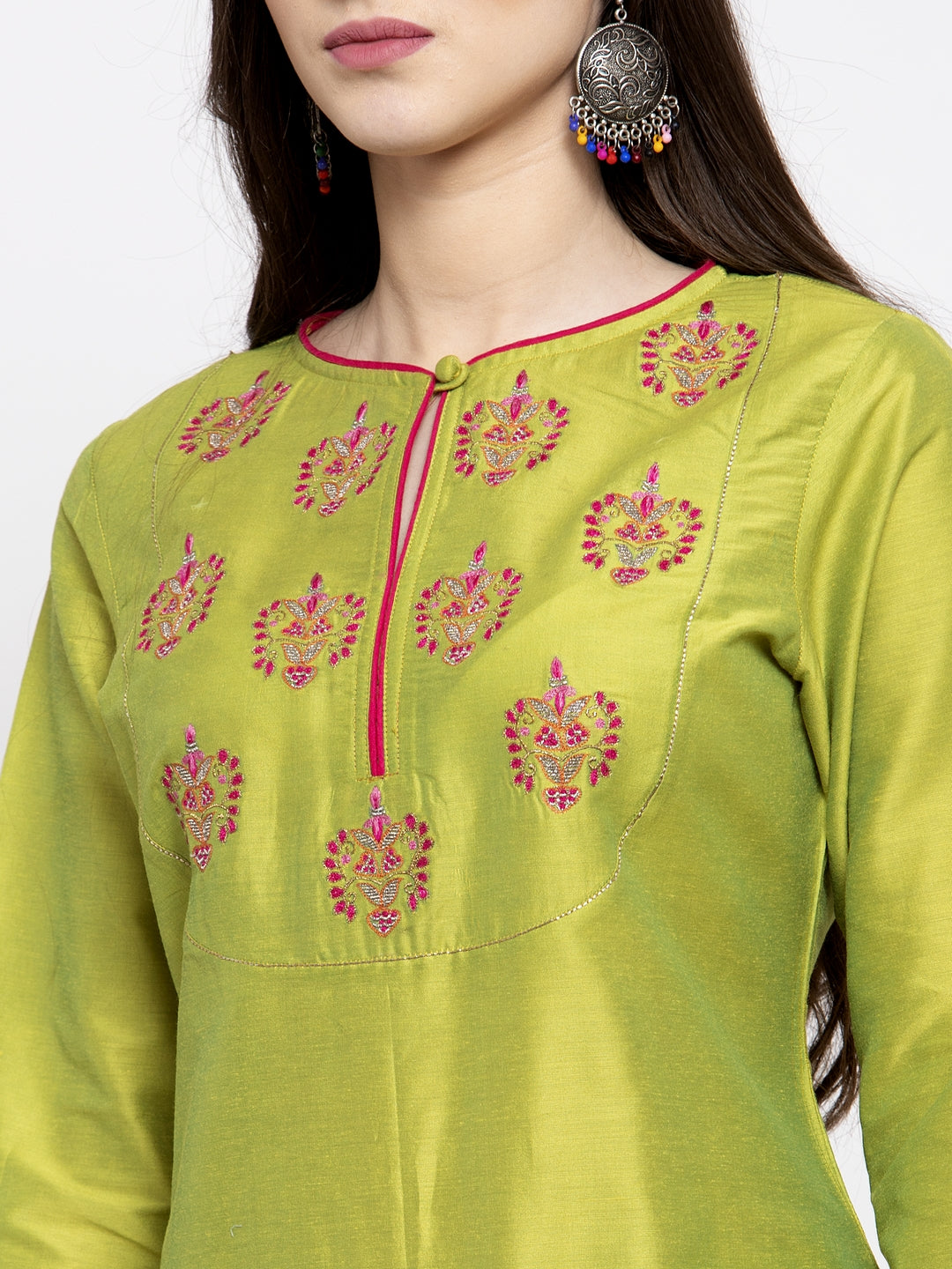 Bhama Couture Lime Green Solid Kurta With Trousers & Dupatta.