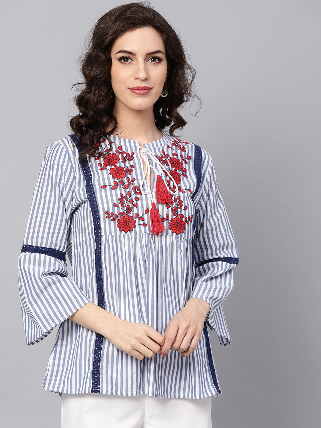 Bhama Couture Blue & White Striped Embroidered Top