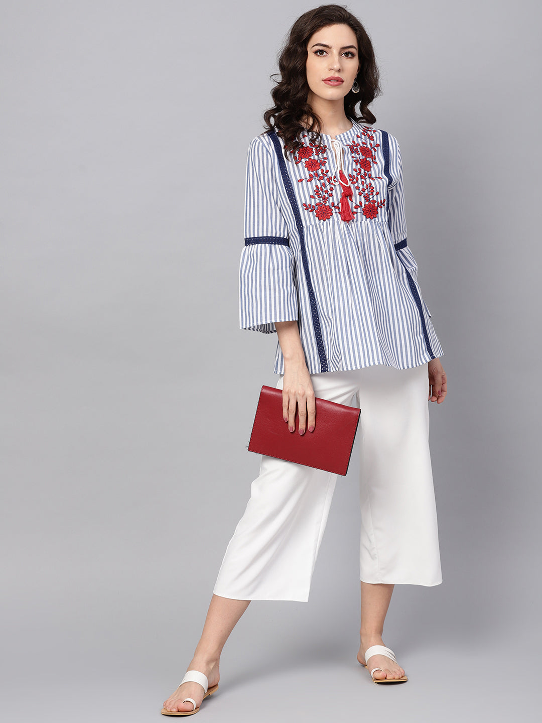 Bhama Couture Blue & White Striped Embroidered Top