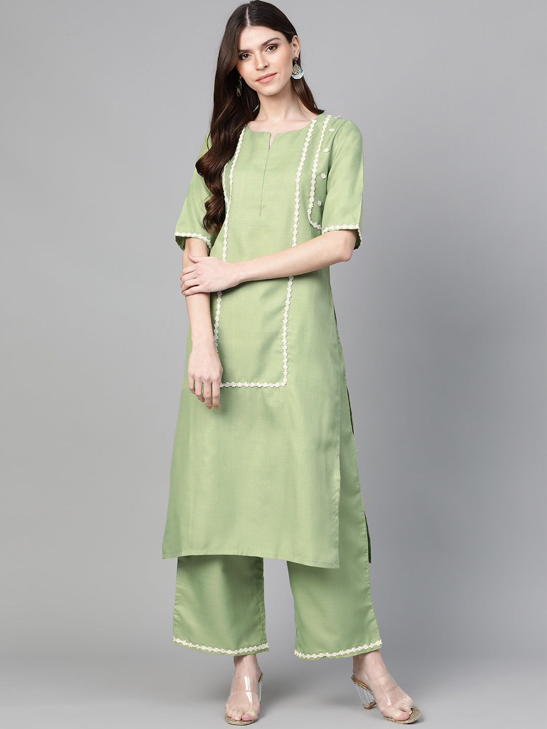 Green Solid Kurta With Palazzos