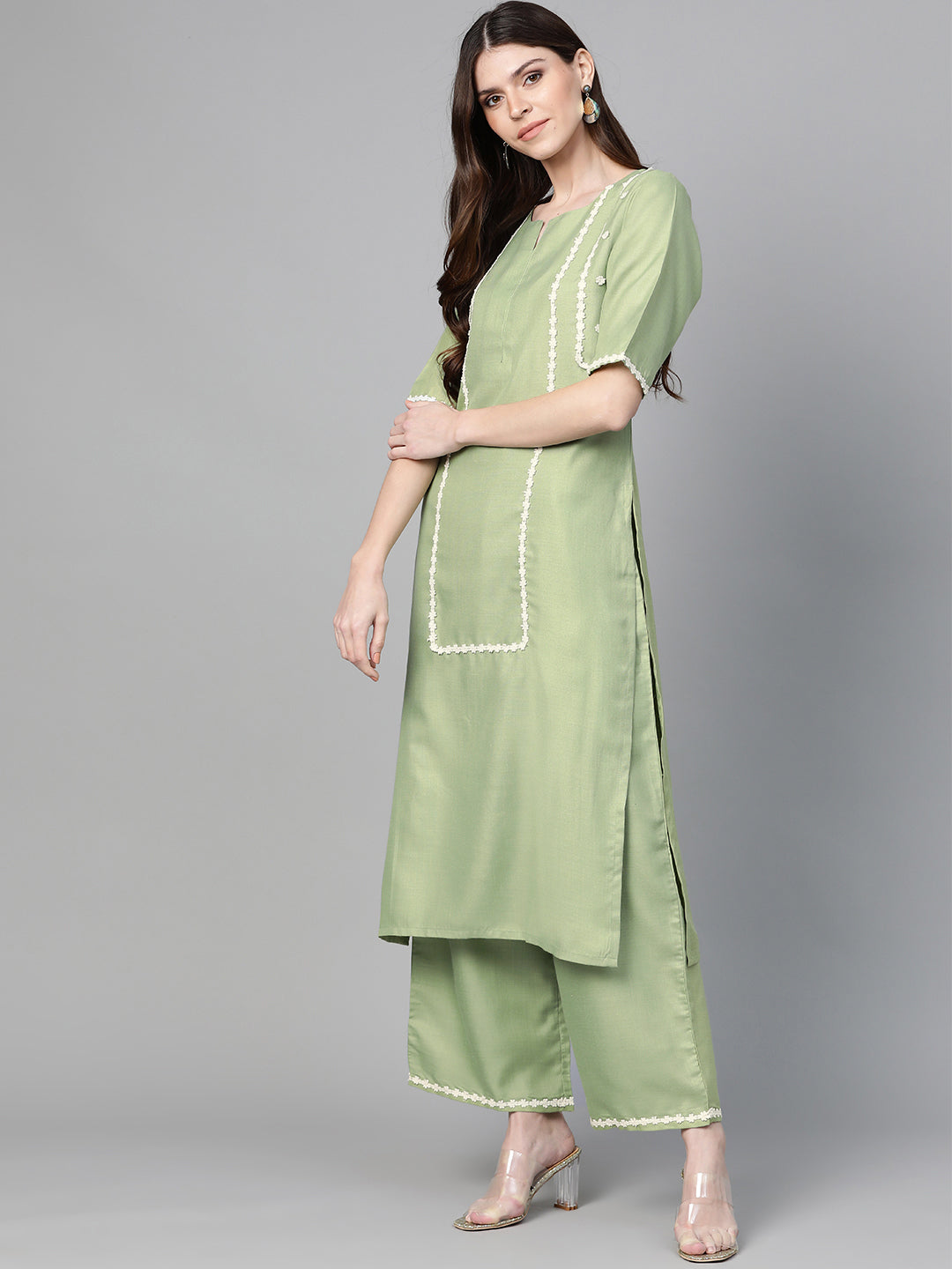 Green Solid Kurta With Palazzos