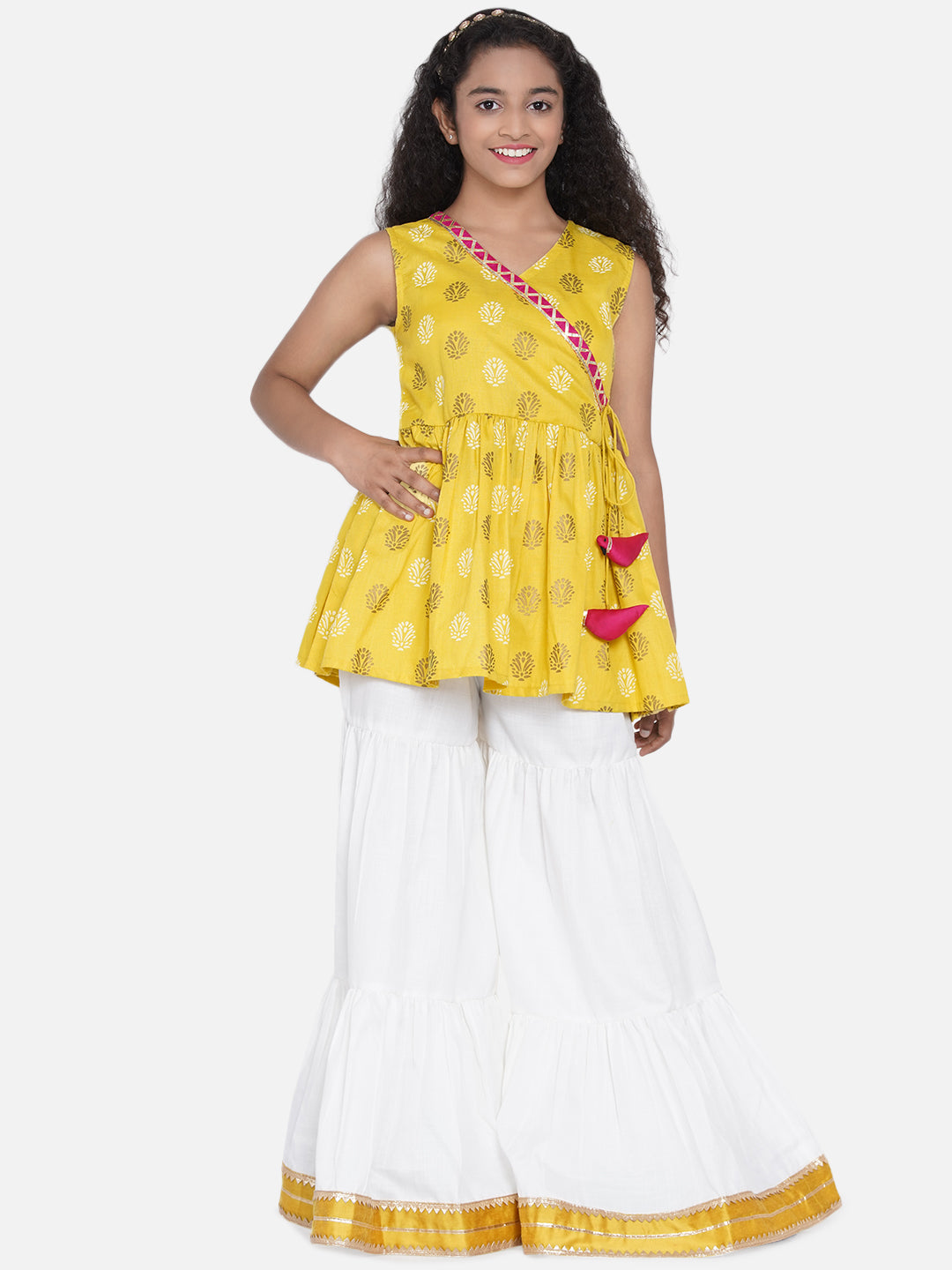 Bitiya By Bhama Mustard & Off White Printed Kurta With Sharara