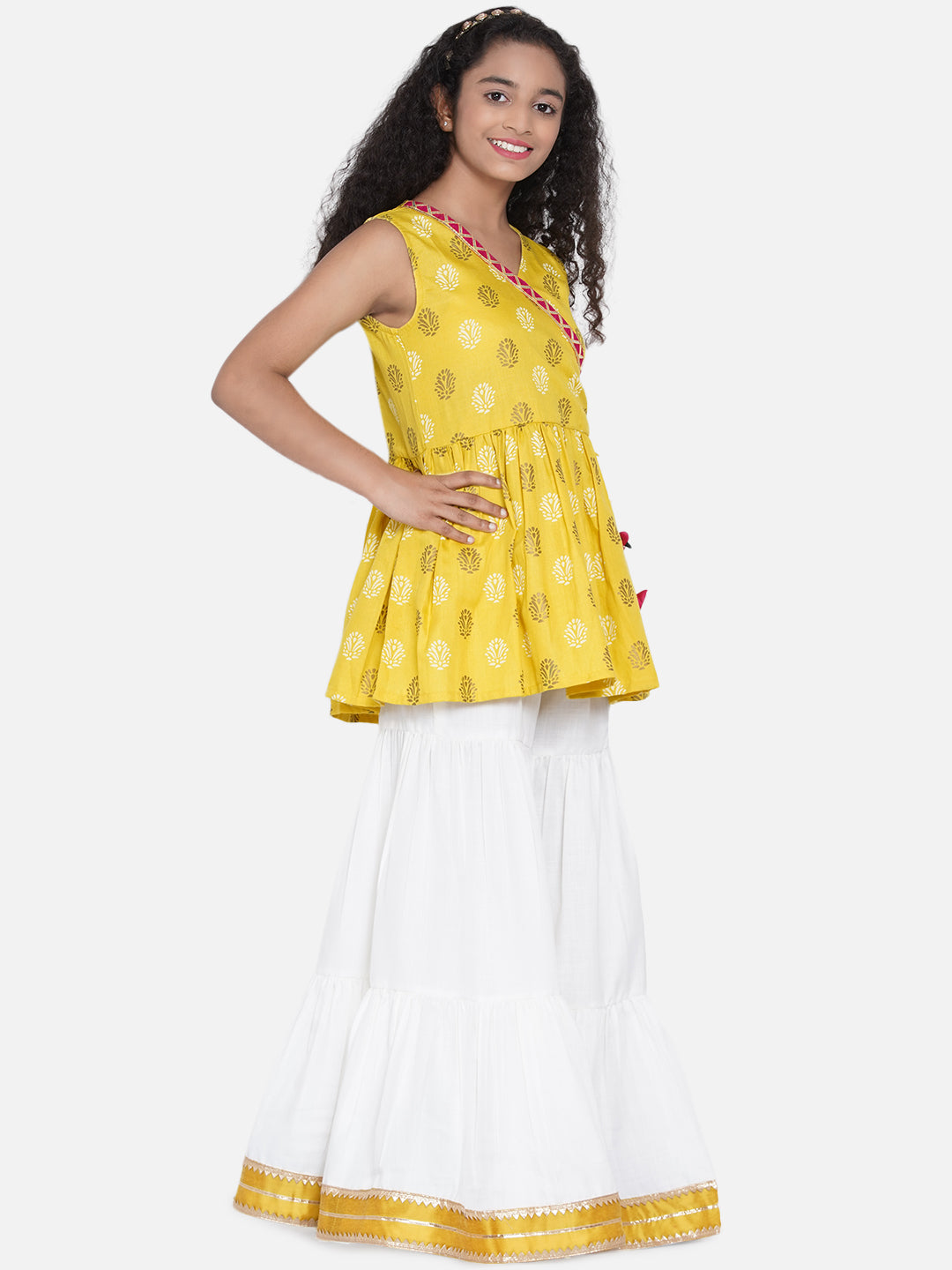 Bitiya By Bhama Mustard & Off White Printed Kurta With Sharara