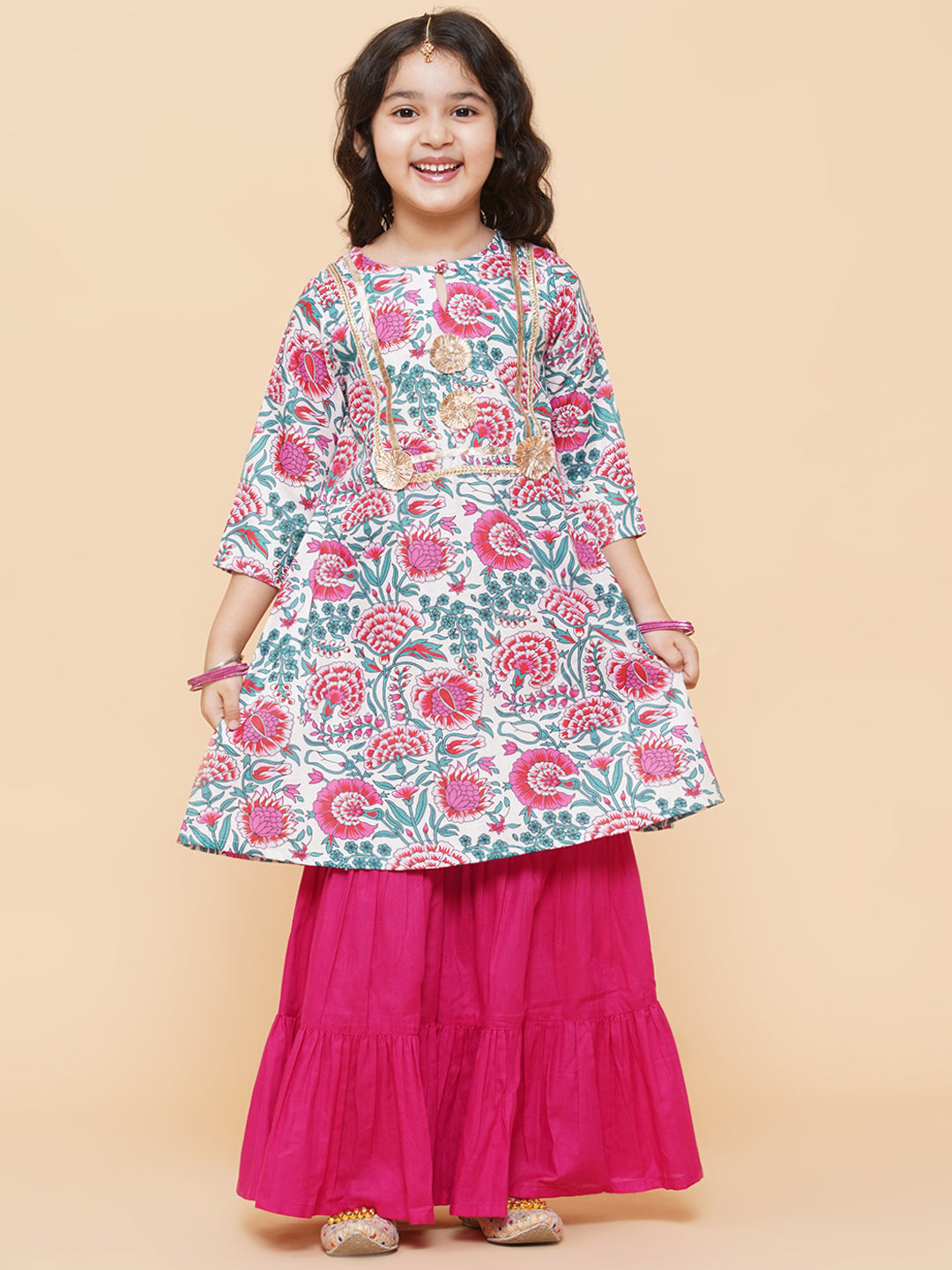 Bitiya By Bhama Girls White Floral Printed Kurta With Sharara