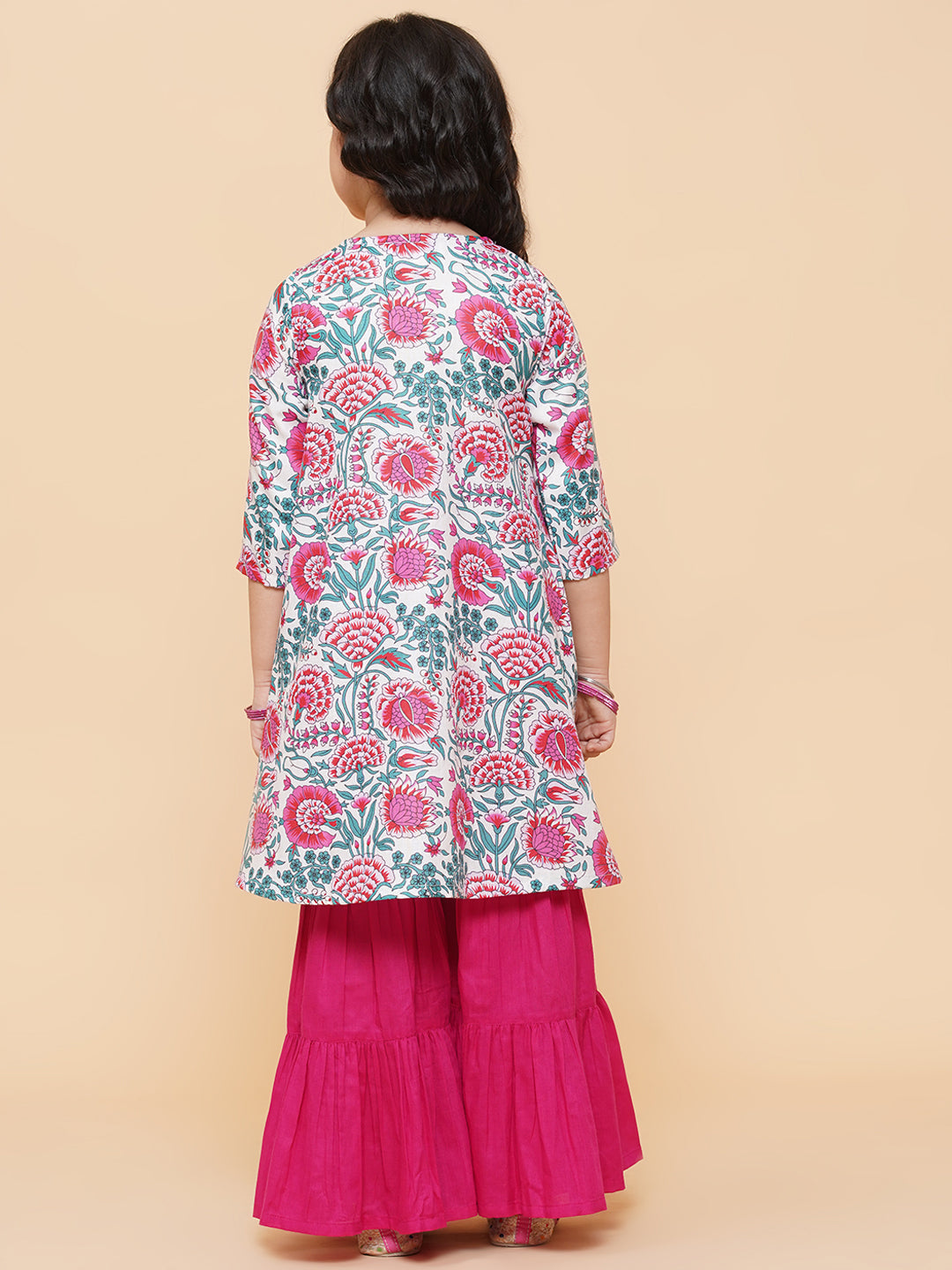 Bitiya By Bhama Girls White Floral Printed Kurta With Sharara