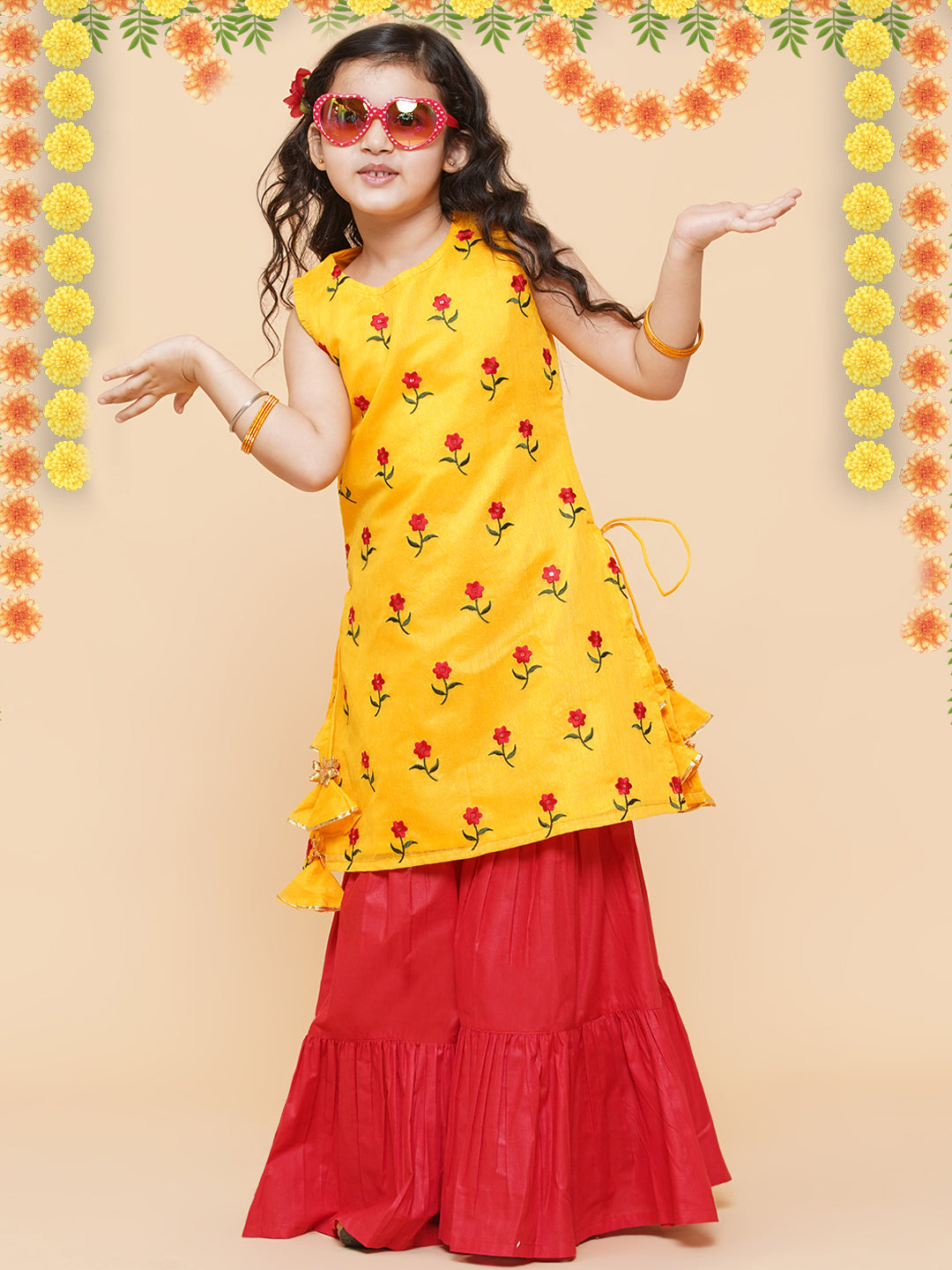 Bitiya By Bhama Girls Yellow Embroidered Kurta With Sharara