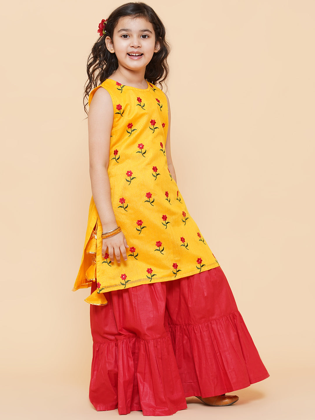 Bitiya By Bhama Girls Yellow Embroidered Kurta With Sharara