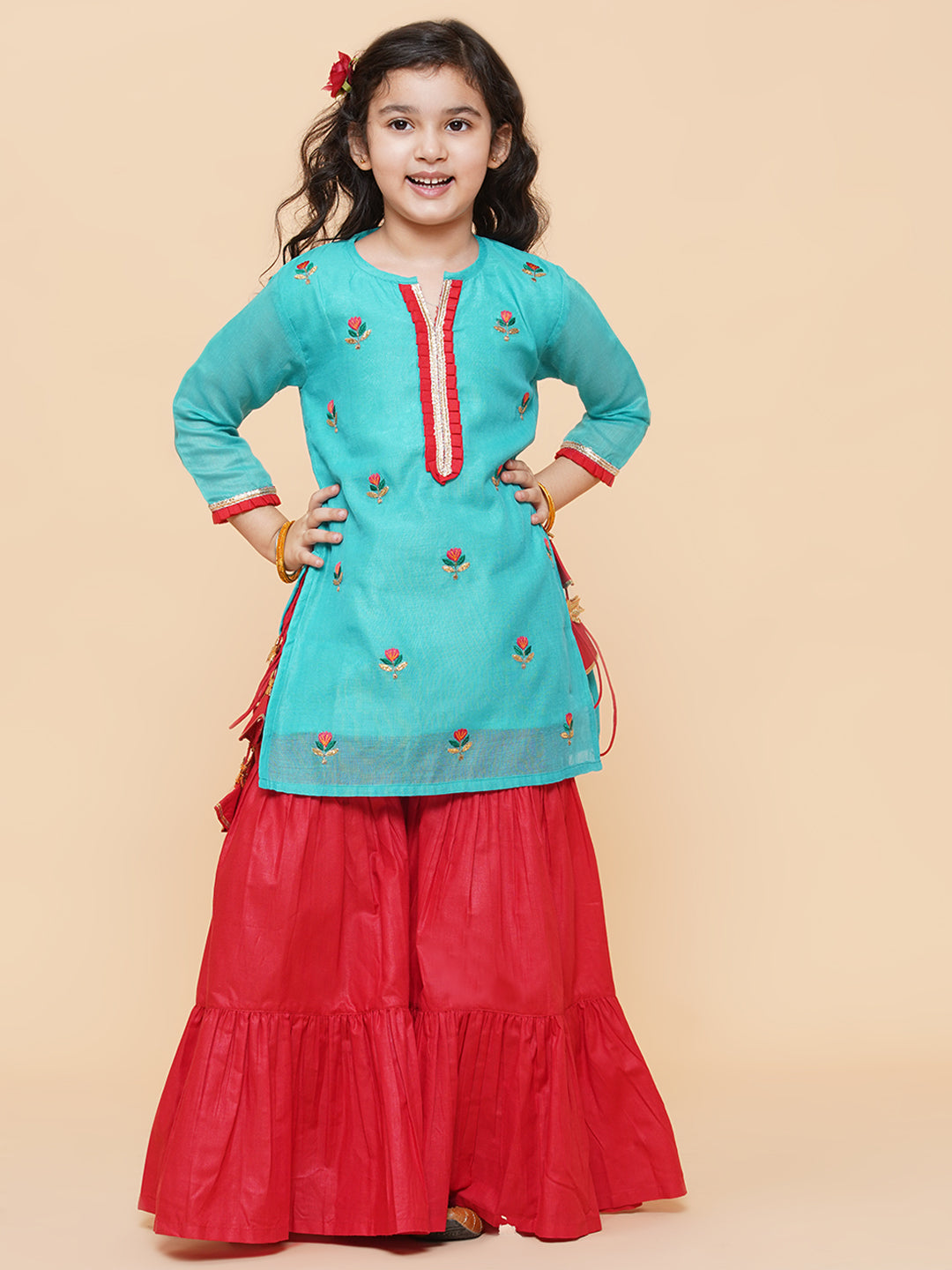 Bitiya By Bhama Girls Sea Green Embroidered Kurti With Sharara