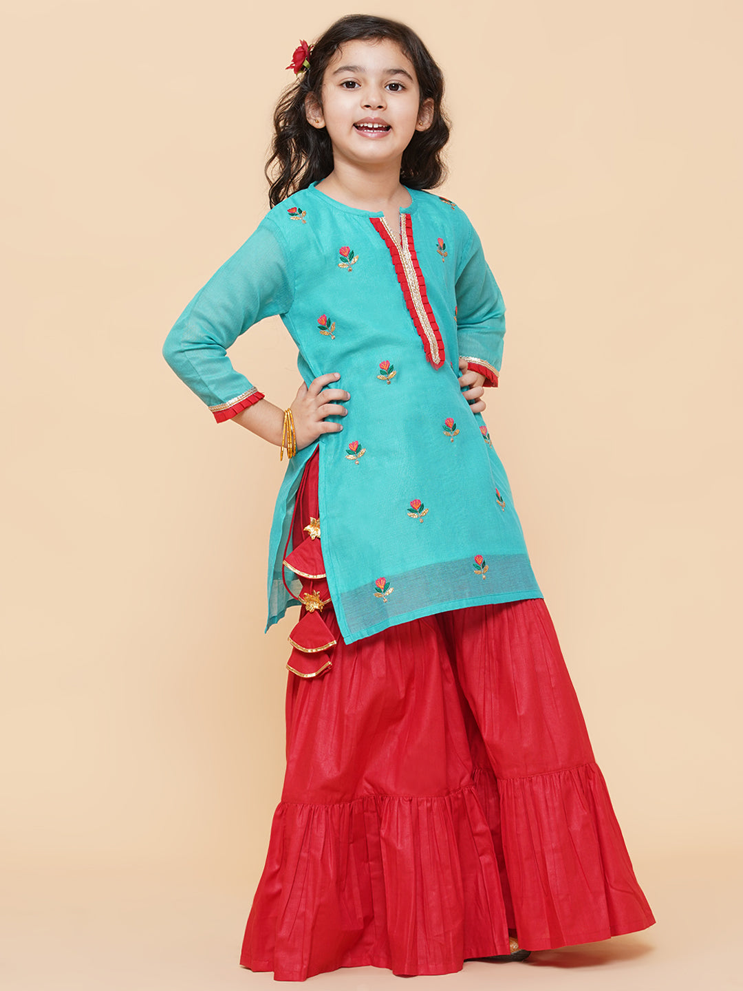 Bitiya By Bhama Girls Sea Green Embroidered Kurti With Sharara