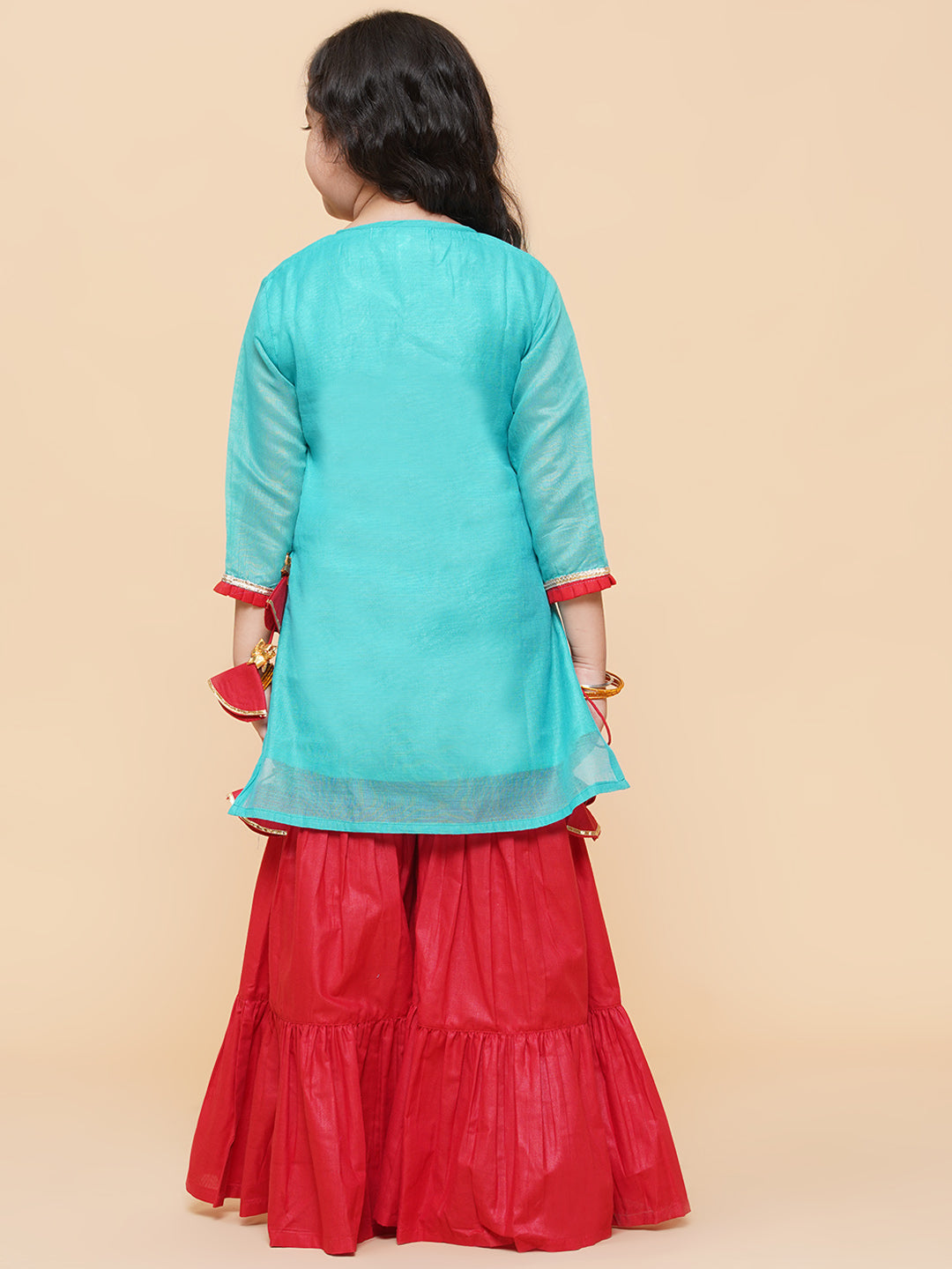 Bitiya By Bhama Girls Sea Green Embroidered Kurti With Sharara