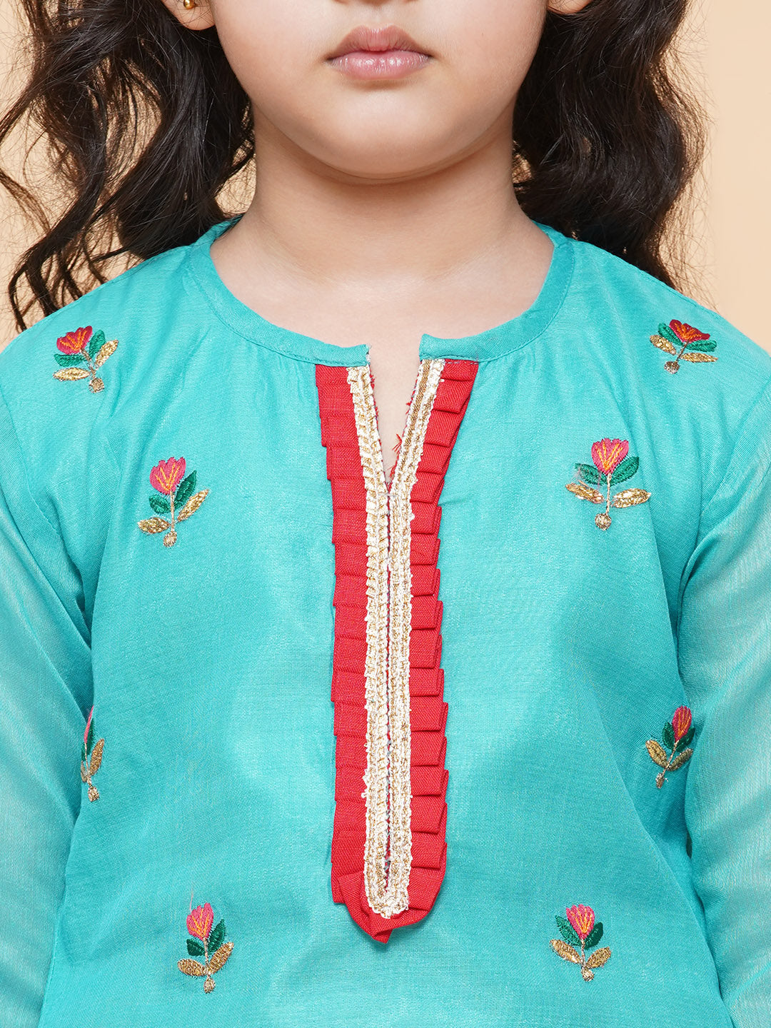 Bitiya By Bhama Girls Sea Green Embroidered Kurti With Sharara